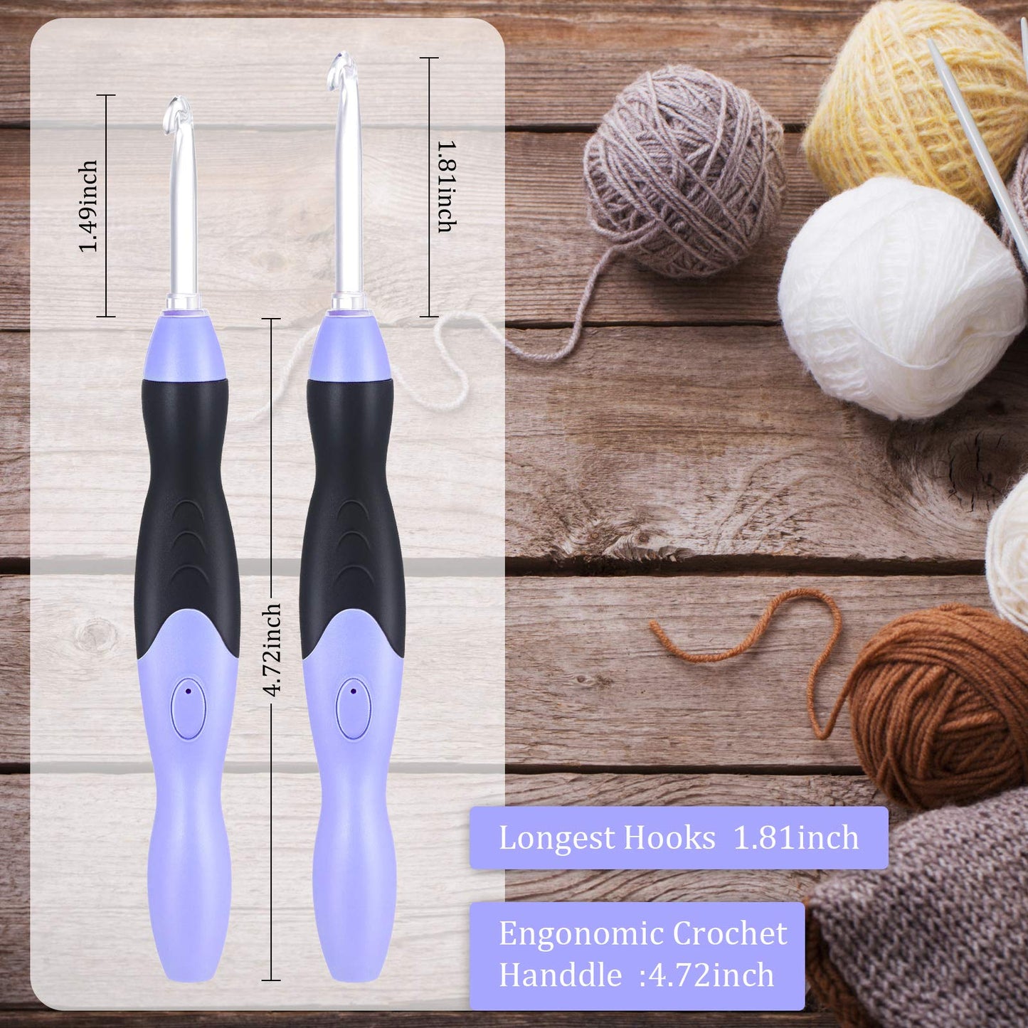 Chuangdi 11 Sizes Lighted Crochet Hooks Set Rechargeable Crochet Hook Light up Hooks with Case, Interchangeable Heads 2.5 mm to 8 mm for DIY Craft Supplies(Purple-Black)