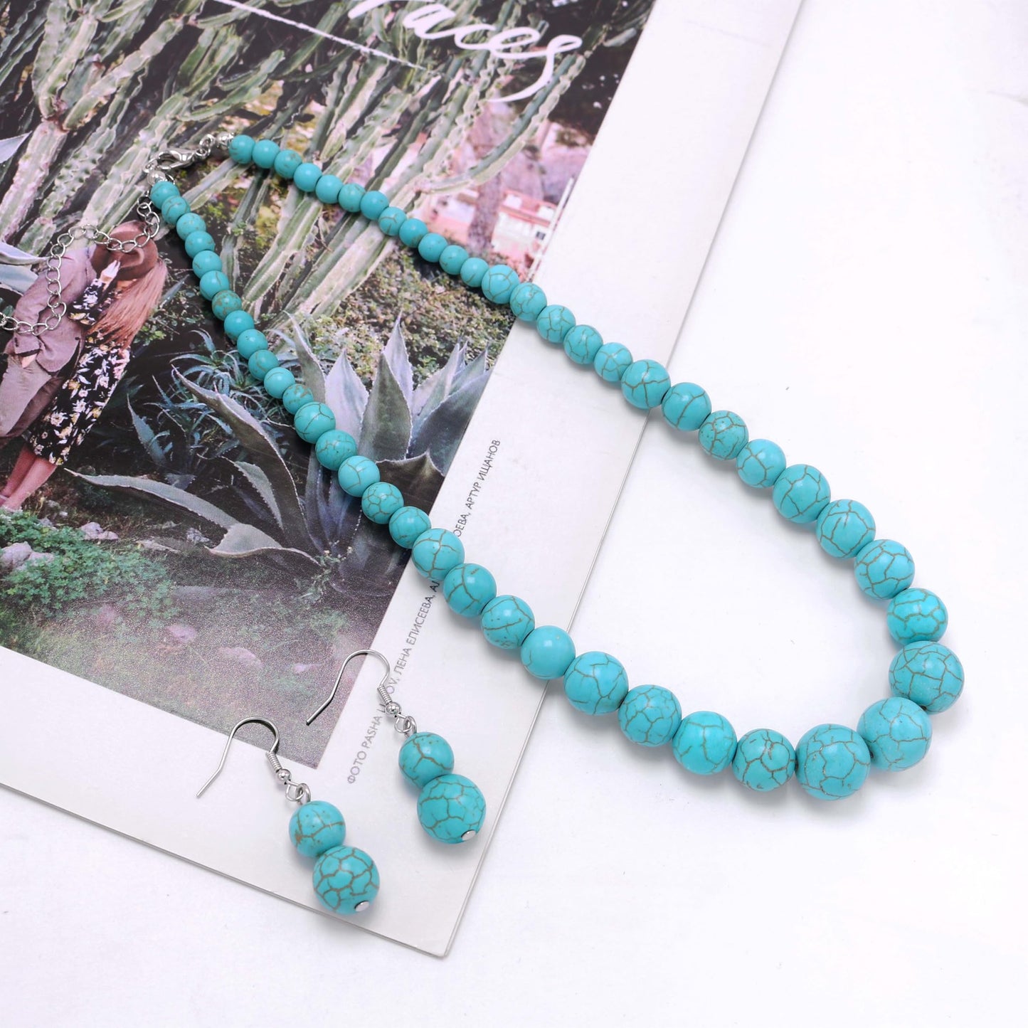 Cryshimmer Turquoise Blue Bead Choker Necklace for Women Boho Faux Stone Beaded Necklace Earring Set Bohemian Costume Jewelry