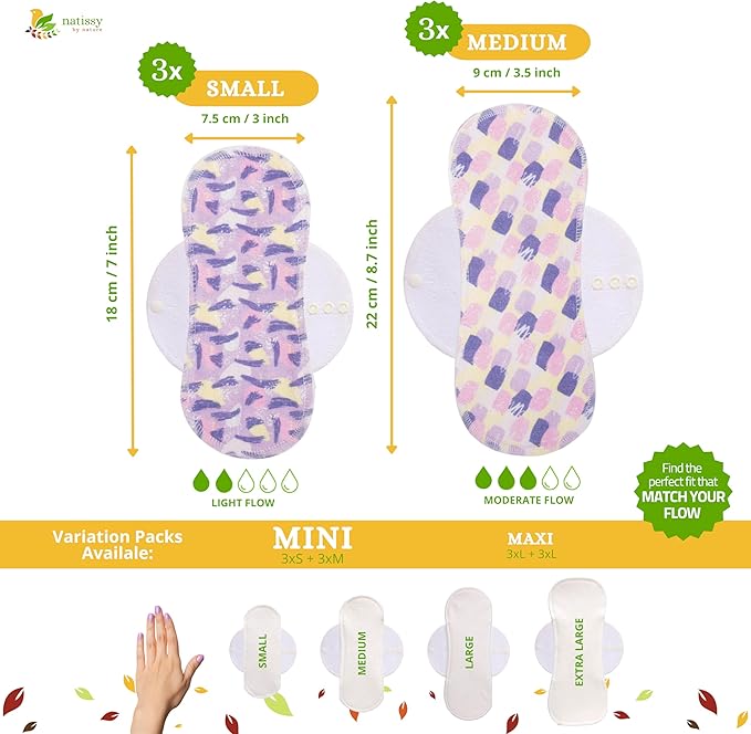 Non-Slip Organic Reusable Period Pads for Light Flow (S+M, 6-Pack); High-Temp Washable Cotton Cloth Pads for Women & Teens; Non-Irritating, Soft Reusable Pads Menstrual for Comfortable Period Care