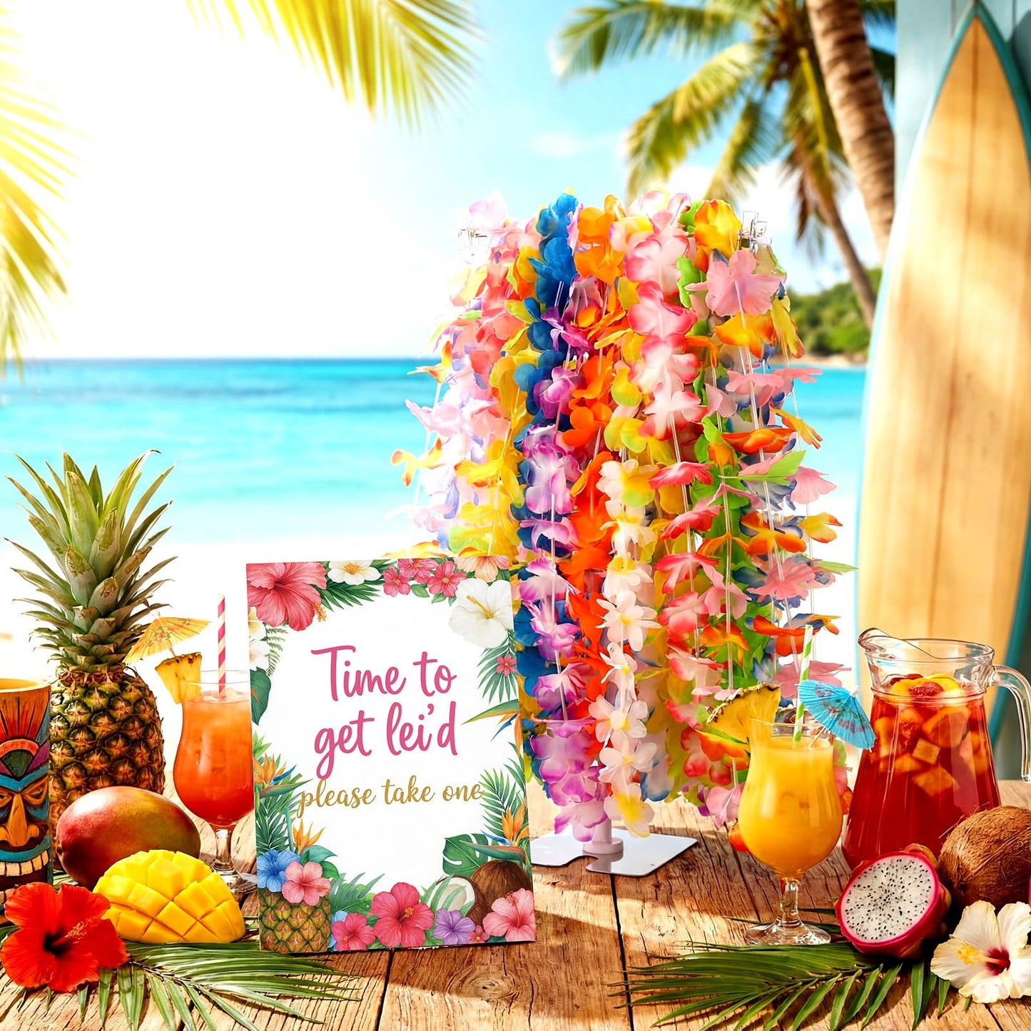 Suncalla 26 Pack Hawaiian Leis Luau Party Decoration Set Include 24 Pcs Hawaiian Leis 1 Pcs Wreath Stand ( Adjustable Base) 1 Pack Luau Party Welcome Wooden Signs for Summer Tropical Flower Lei Shows