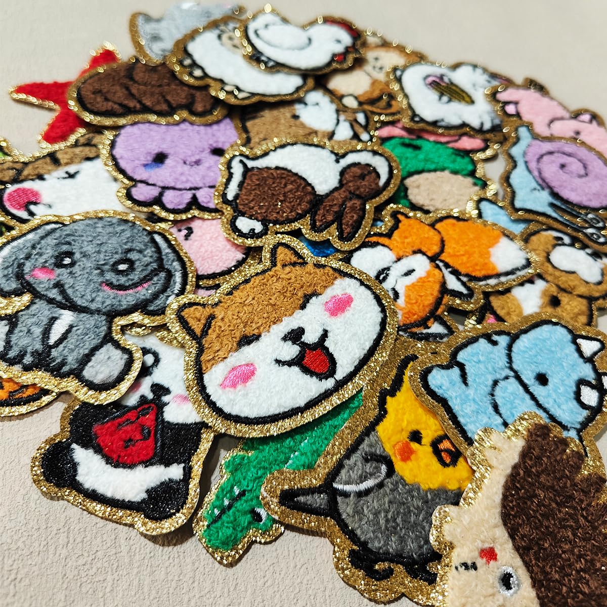31PCS Chenille Patches with Golden Edge - Cute Animal Iron On/Sew On Embroidered Applique for Jeans, Jackets, Clothes, Backpacks