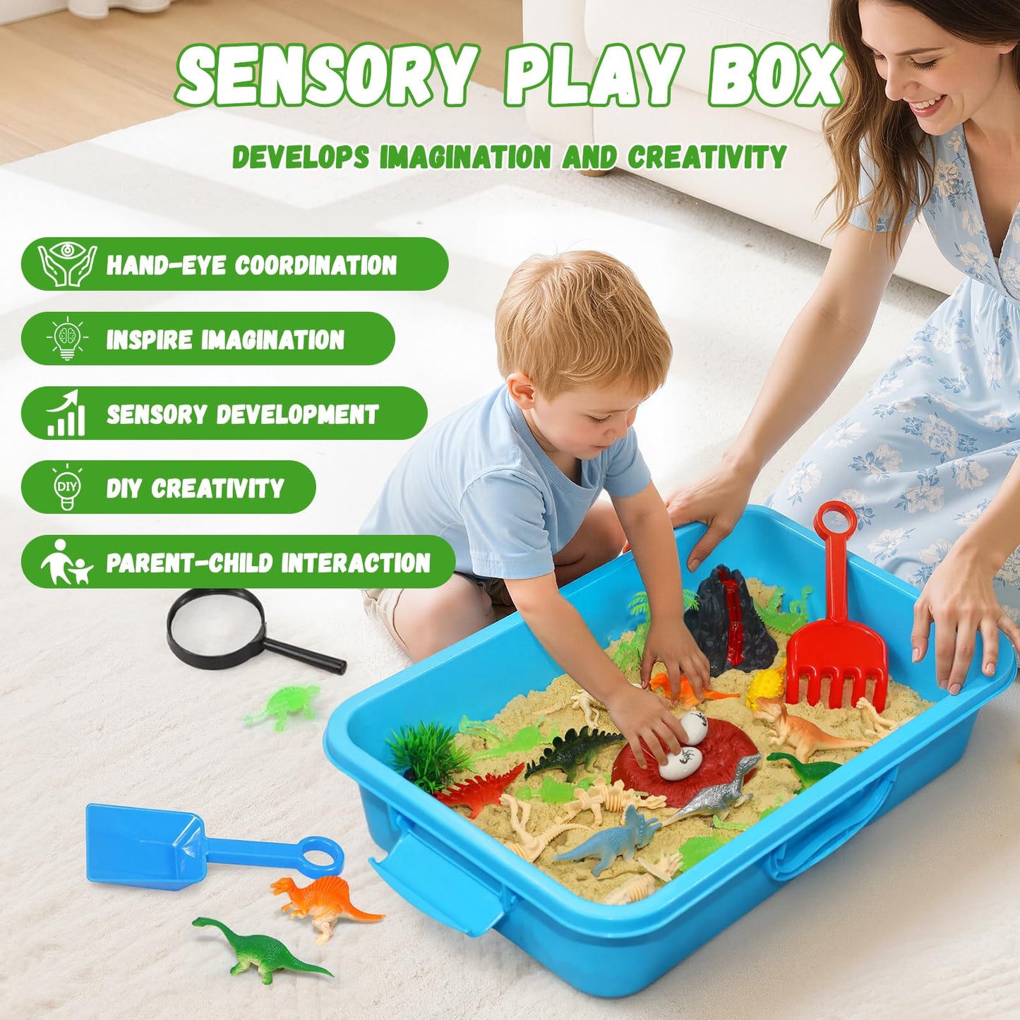 Pakimio Dinosaur Sensory Bin with Lid, 2.64lbs Magic Sand, Dino Figures, Skeletons & Archaeology Tools, Sensory Sand Kit Dinosaur Toys for Kids 3 4 5 6 7+ Year Old Boy Toddler Birthday Gift Christmas
