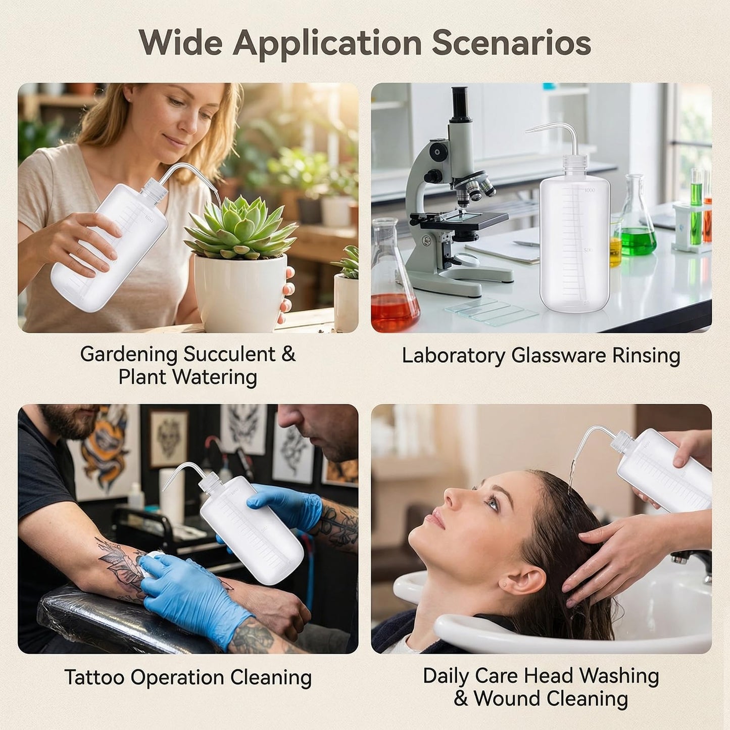 2-Pack 1000ml/34oz Clear Plastic Squeeze Tattoo Bottle with Scaled Narrow Mouth, Lab Squeeze Wash Bottle,Watering Tool for Gardening & Lab Succulent Watering