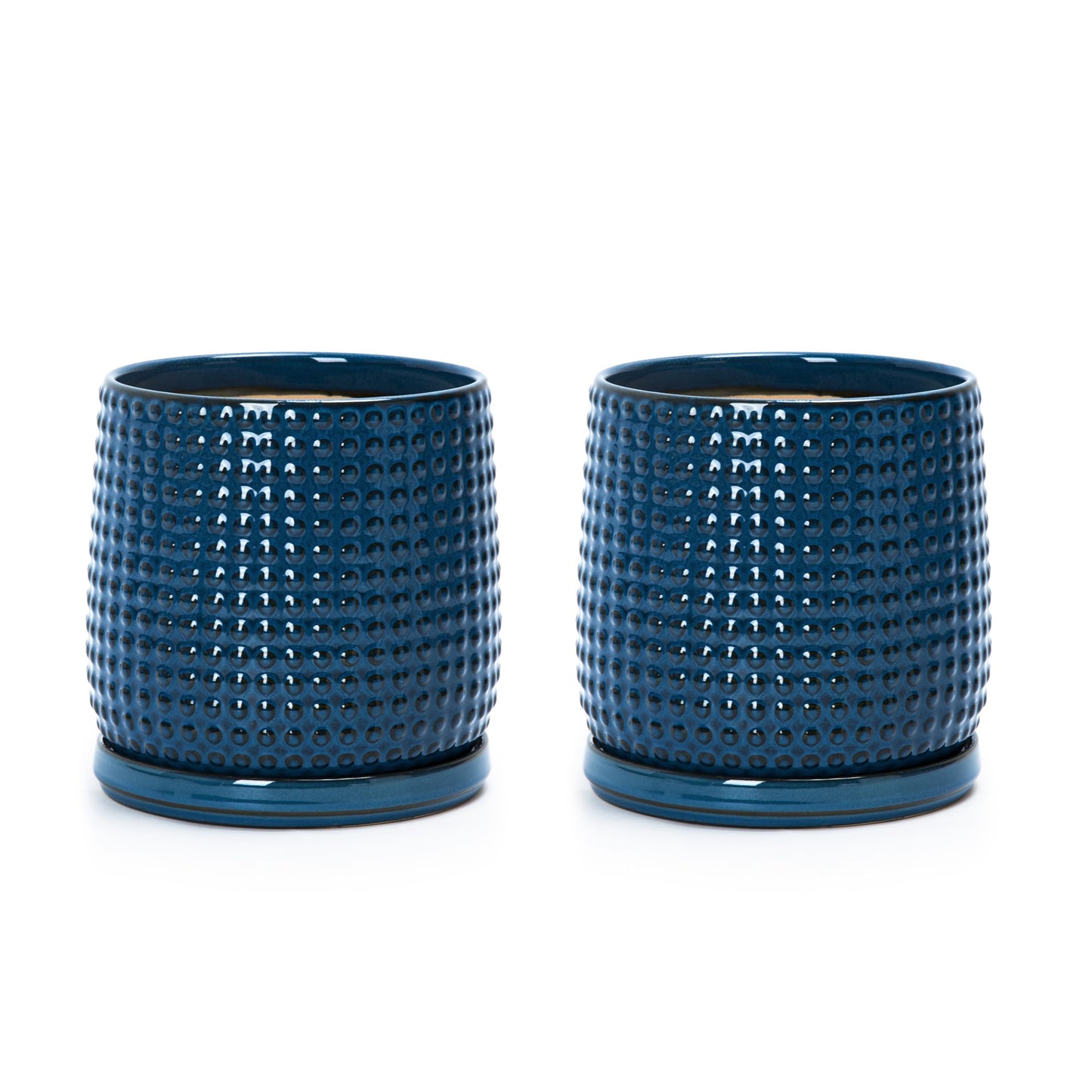 D'vine Dev Set of 2 Ceramic Plants Pots, 6 Inch Beaded Stoneware Flower Pot for Plants with Drainage Hole and Saucer, Midnight Blue, 27-E-X-3