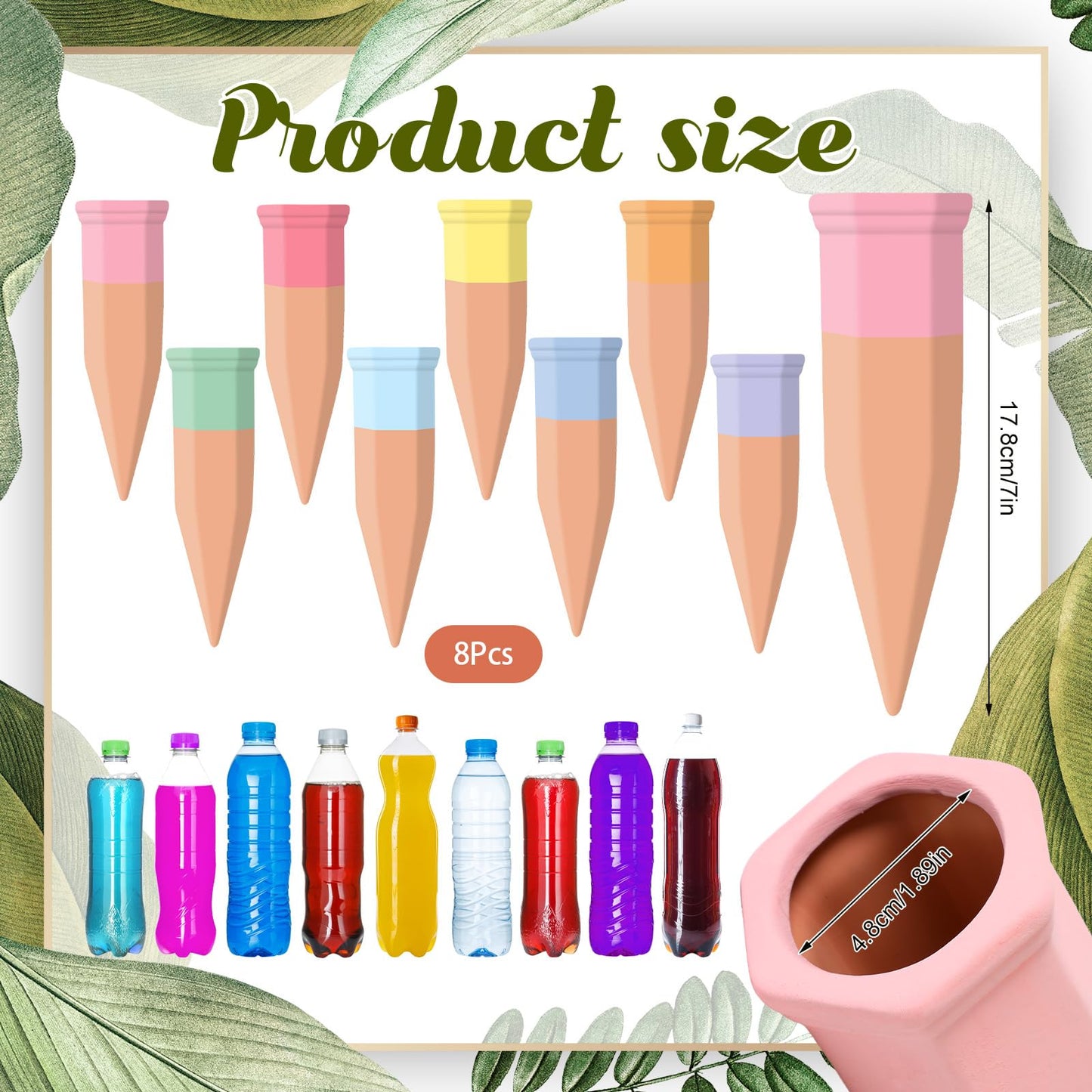 DoubleFill 8 Pcs Terracotta Plant Watering Spikes Self Watering Planter Insert Automatic Plants Waterer Devices 8 Colors Slow Release Stakes for Indoor Outdoor Vacation