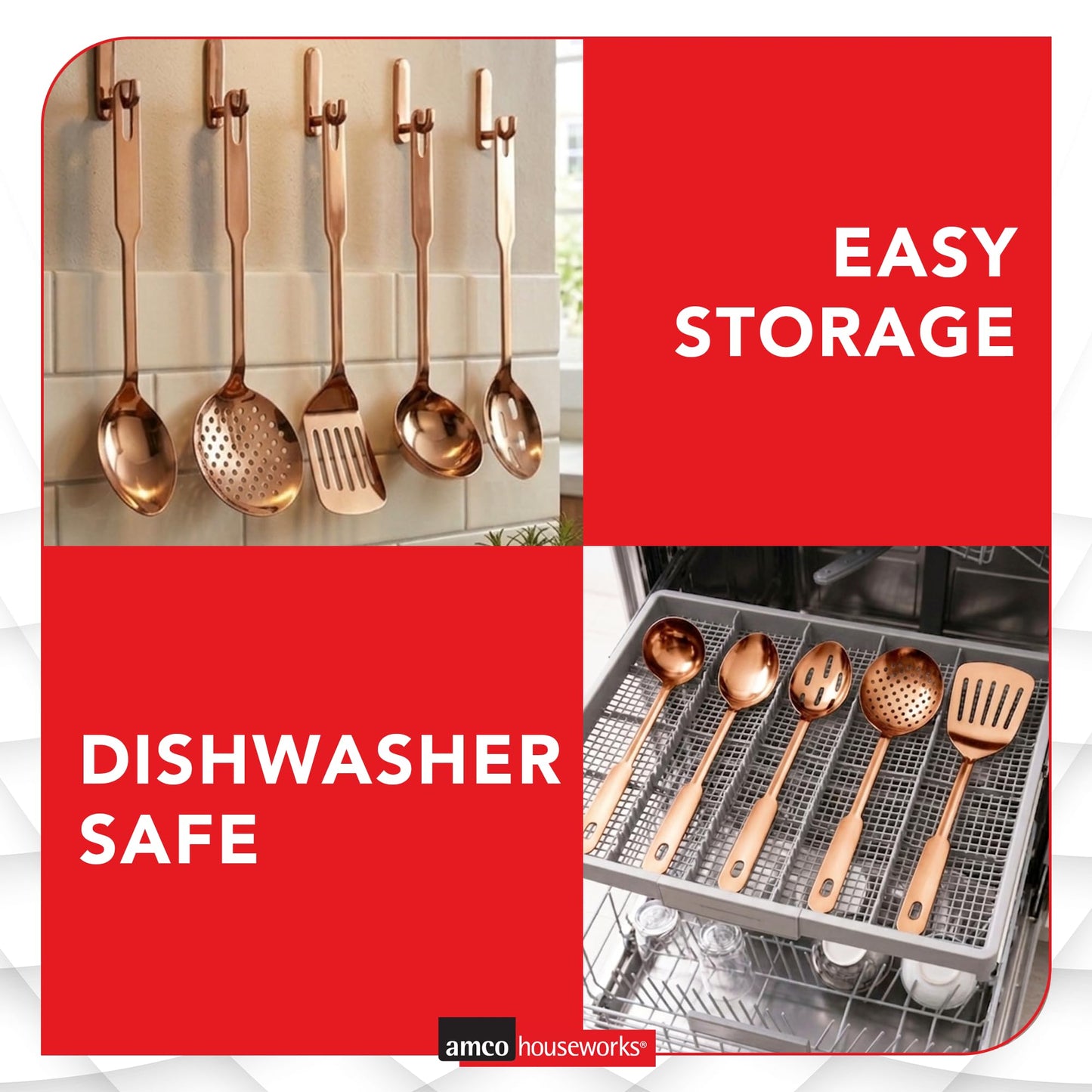 Amco 5-Piece Stainless Steel Cooking Utensil Set, Copper Finish - Includes Kitchen Ladle, Slotted Turner, Skimmer, Solid Spoons - 14" with Hanging Holes for Easy Storage, Durable Kitchen Gadgets