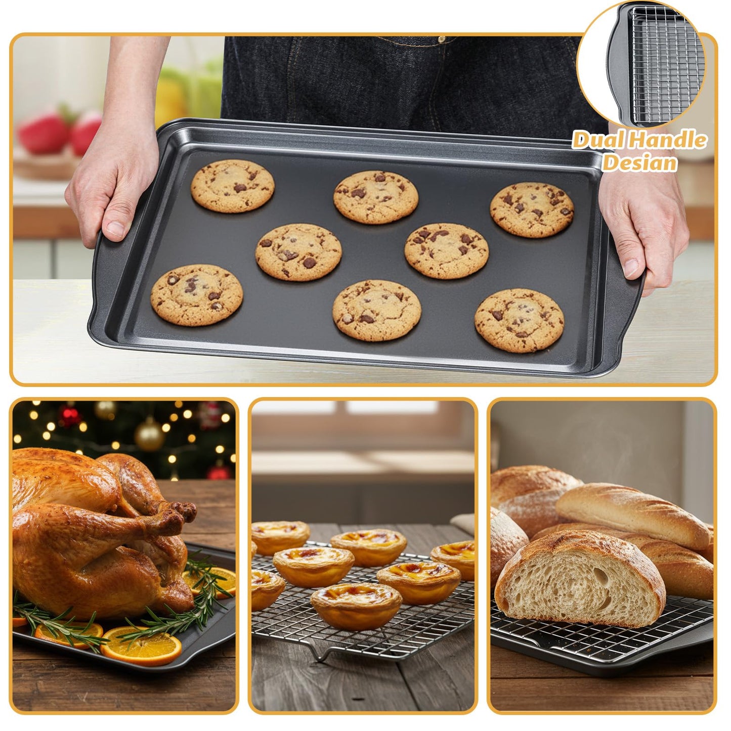 Gymdin Baking Sheet with Cooling Racks - Carbon Steel Cookie Sheets for Baking [2 Sheets + 2 Racks], Nonstick Baking Pans, Perfect for Baking, Roasting, and More, Size 17 x 11 x 0.5 Inches