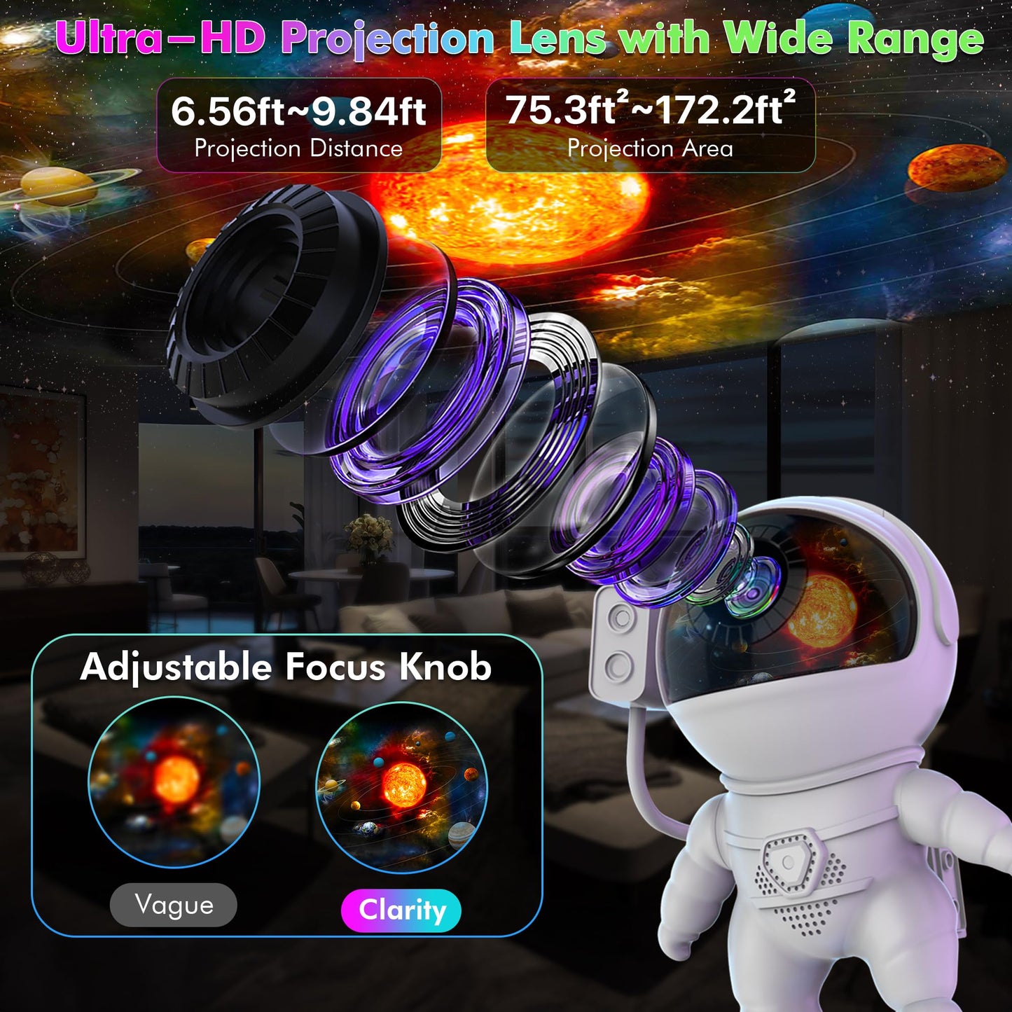 Aimetoile Astronaut Galaxy Projector Light for Bedroom, 12-in-1 HD Nebula Northern Lights Projector with 360° Rotating Projection, Fixed Rocket Night Light with Timer, Gift for Boys Girls Kids
