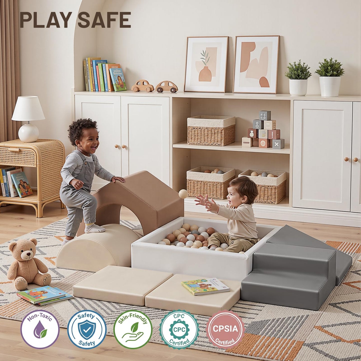JungleDove 7Pcs Climbing Toys for Toddlers: with a Square Ball Pit for Toddlers - PU Leather Foam Climbing Blocks - Indoor Soft Play Set with Slide and Stair（NO Balls）