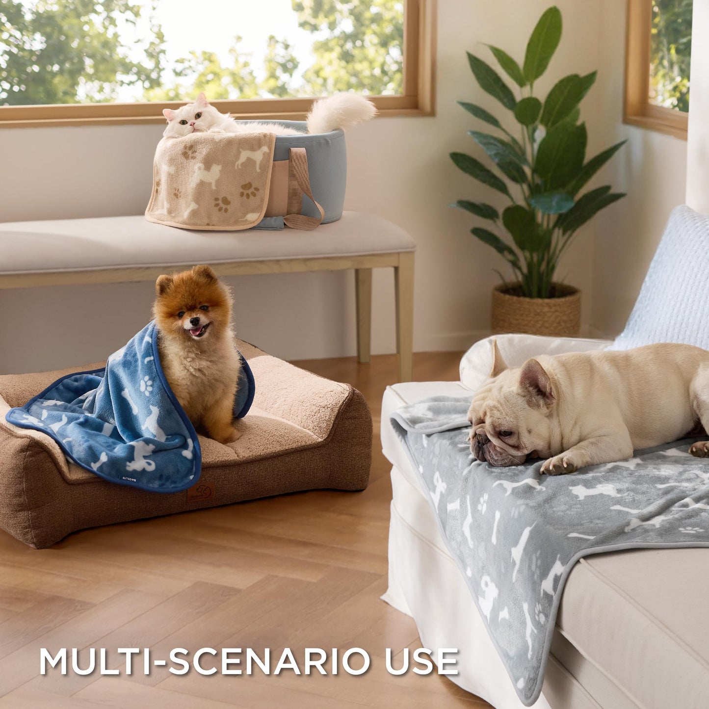 Bedsure 1 Pack 3 Pet Blankets, Super Soft Fluffy Premium Fleece Flannel Portable Throw Dog Blankets for Small Dogs, Printed Cat Puppy Blanket Grey/Brown/Blue Small(20x30 inch)
