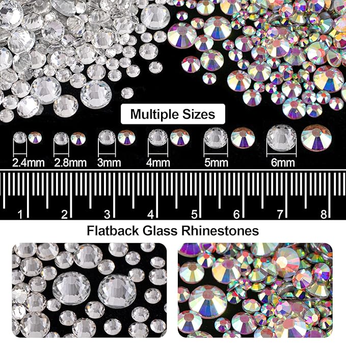 4000PCS Flatback Rhinestones and Half Round Pearls Kit #12, Multi Size Glass Clear & AB Crystals, Plastic Flat Back Black Dome Bead with Pickup Pencil and Tweezer for Nail Art