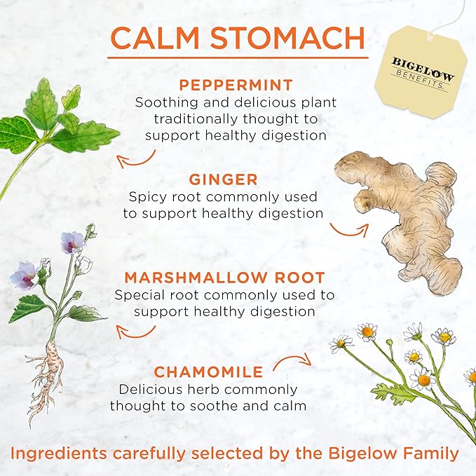 Bigelow Tea Benefits Calm Stomach Ginger Peach Caffeine Free Herbal Bags, 18 Count, Pack of 6
