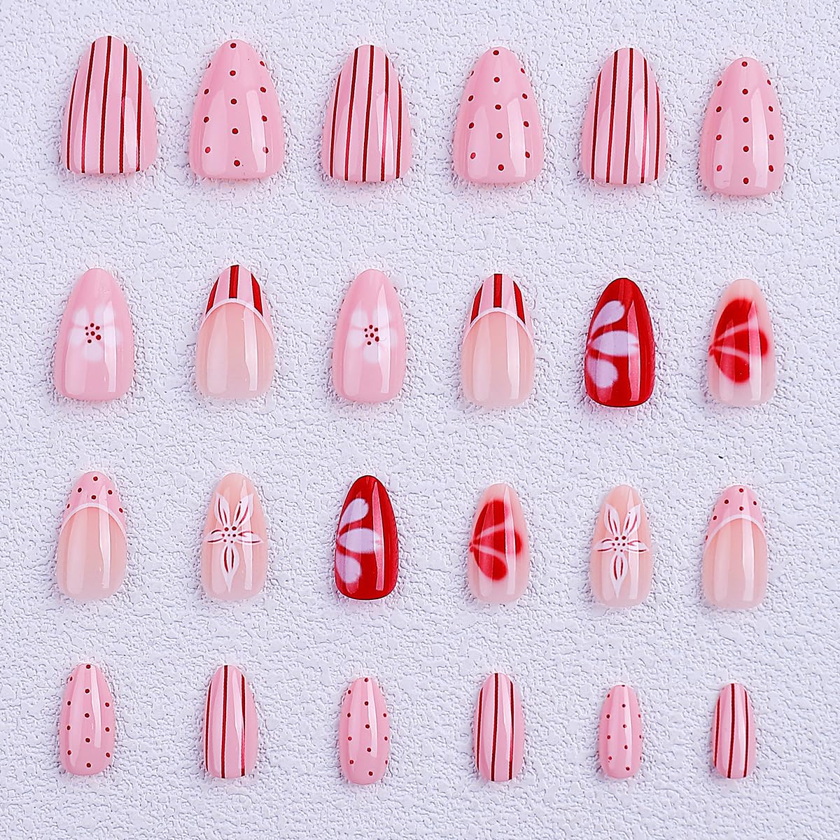 Short Almond Press on Nails Pink & Red Floral Mixed Print Fake Nails with Polka Dot & Stripes, Glossy Reusable Acrylic False Nails for Spring & Summer Daily Wear 24Pcs