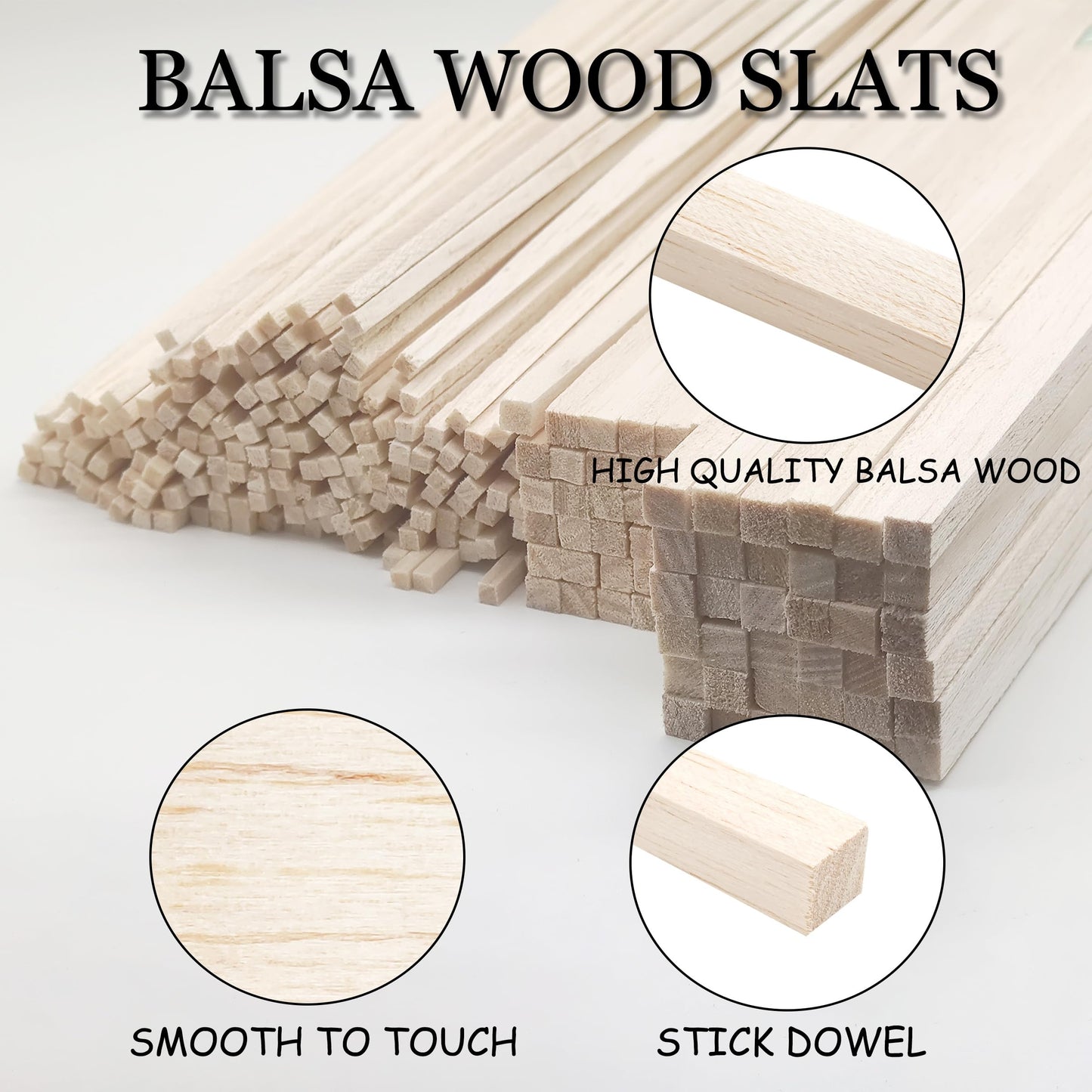 Barsha Space 222Pcs Balsa Wood Sticks,Wood Strips Balsa Square Wooden Dowels Hardwood Unfinished Wood Sticks for Crafts DIY Projects Models Making Supplies (1/8in+3/16in+1/4in 222pcs)