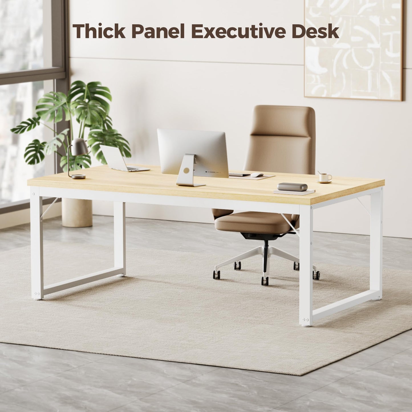 Mericonia 48 Inch Computer Desk, 1" Thick Heavy Duty Industrial Office Desk, Modern Simple Study Writing Table for Home Office Bedroom Workstation, Oak