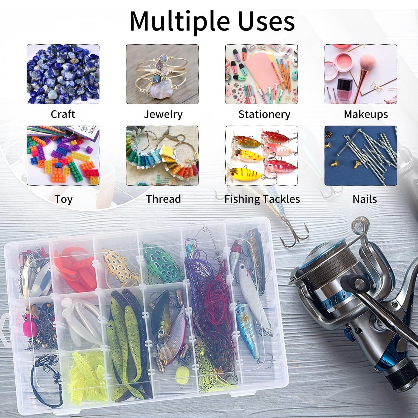 2 Pack Clear Bead Organizer Tackle Box with Adjustable Dividers for Jewelry Art Craft Containers 36 Grids Compartment with 5 Sheets Label Stickers