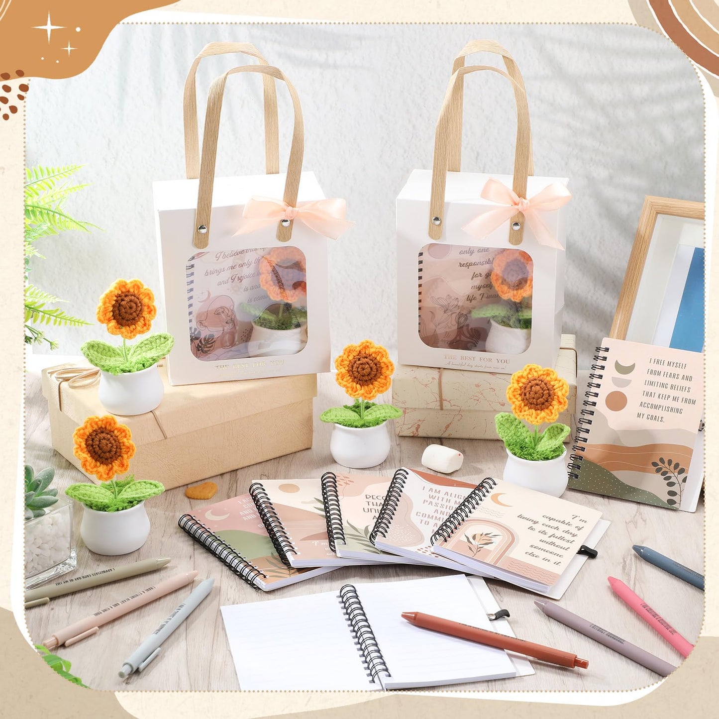 Kosiz 48 Pcs/12 Set Positive Affirmation Gift for Women Boho Positive Notebooks with Ballpoint Pens Motivational Spiral Notepad Inspirational Crochet Sunflower Gift for Mother's Day, Teacher, Coworker
