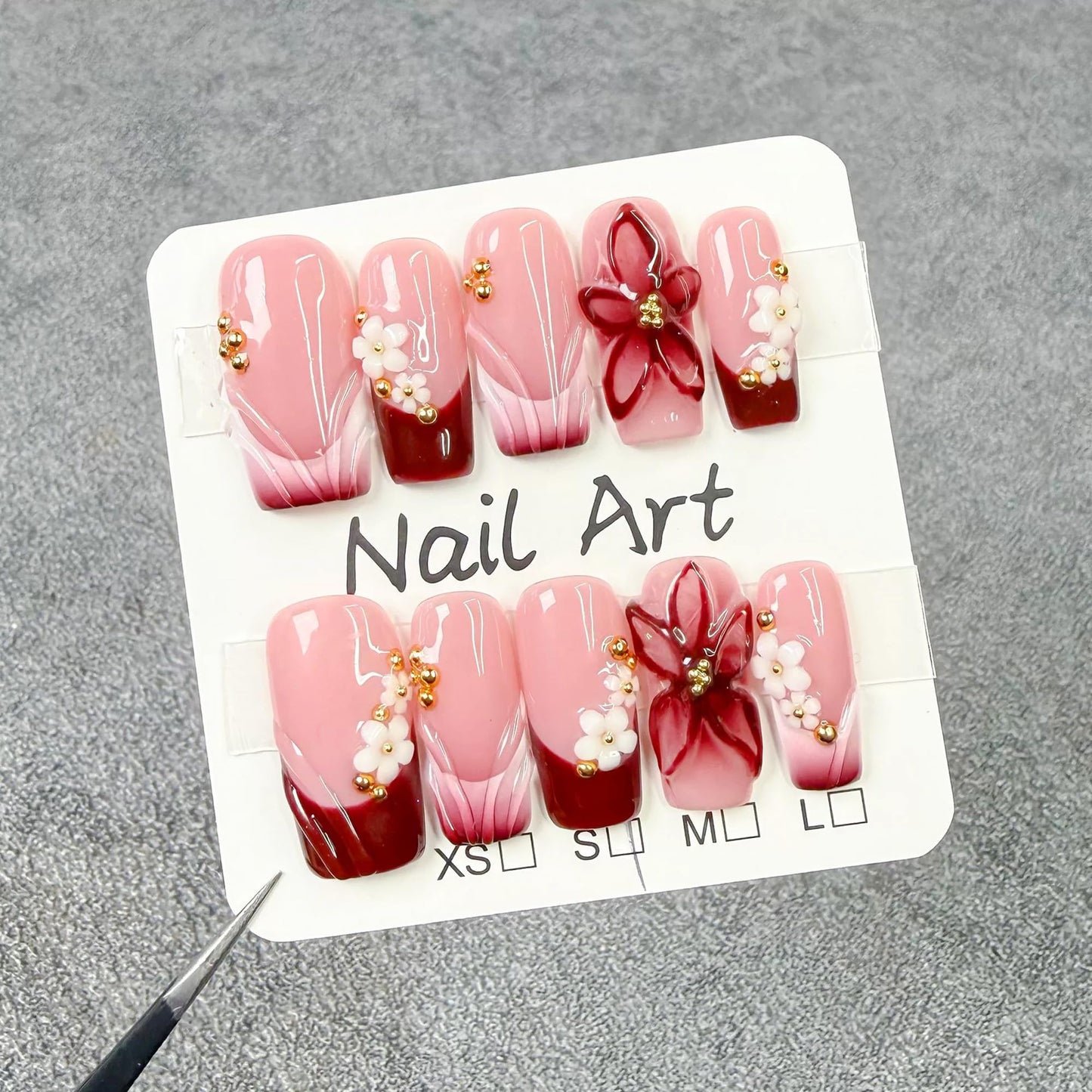 Handmade Press on Nails Red French Tip False Nails Medium Square Fake Nails with 3D Flower Designs Nails Press Ons Luxury Full Cover Muti-Layer Gel Stick on Nail for Women 10Pcs (Size M)
