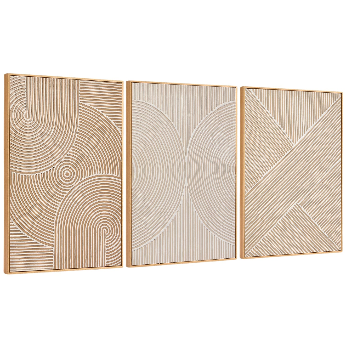 Zessonic Neutral Minimalist Textured 3D Wall Art Abstract Hand-Painted Framed Wall Decor Geometric Artwork Canvas Paintings- Living Room Bedroom Office - Modern Boho Neutral Line 16"x24" 3 piece