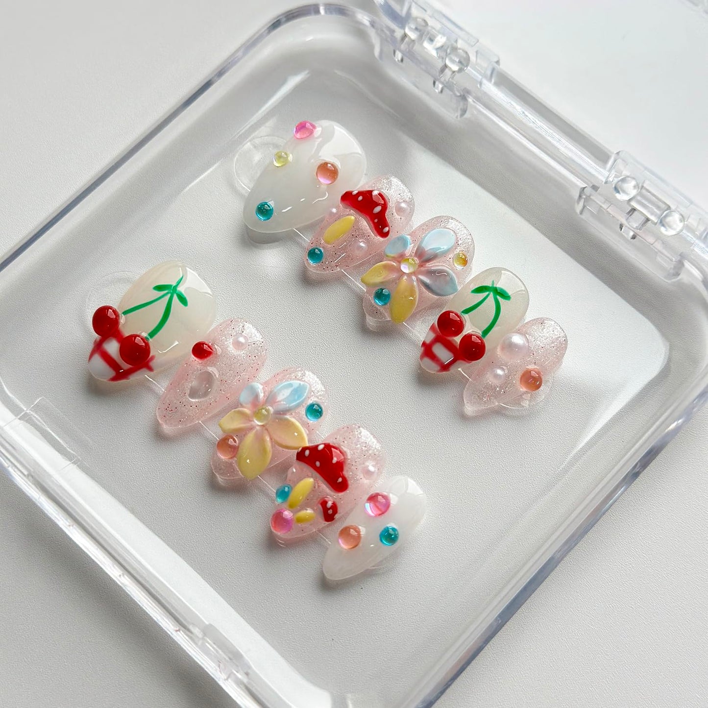 Luxury Press on Nails Short Almond Handmade 3D Unique Reusable ABS Material Fake Nails French Tip False Nails with Designs Mushroom Flower Glitter Glossy Glue on Nail Thick Acrylic Nail(M)