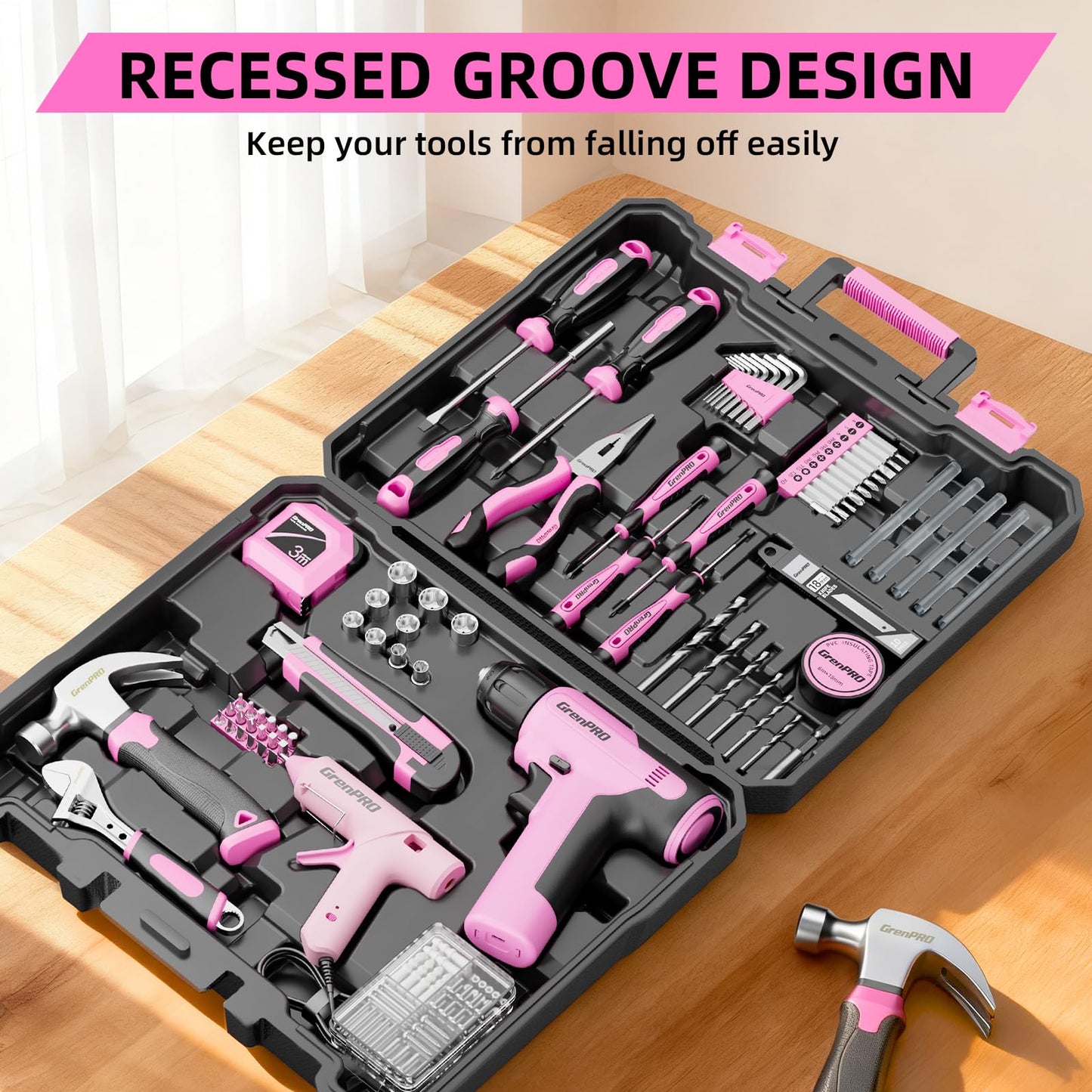 GRENPRO Pink Tool Set Drill Set, 188PCS Tool Kit For Home with Pink Cordless Drill Power, Hand Tool Kit for Women, Basic Household Auto Car Repair Tool Box for Men, Portable Storage Box Tools Sets