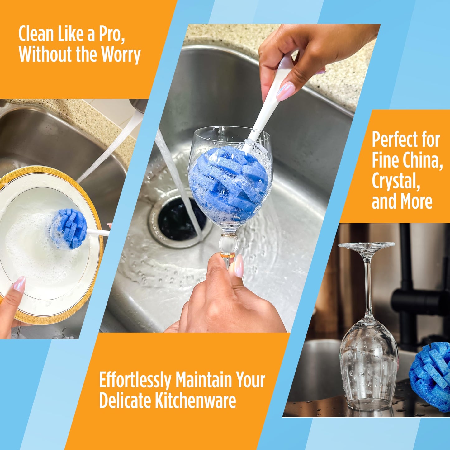 COMPAC HOME Dish Wand Kitchen Sponge | Effectively Clean China Dishes and Glassware | Unique Round Ball Shaped All-Around Cleaning Sponge | Gentle Flexible Brushes for Your Nice Dishes, 6 Count