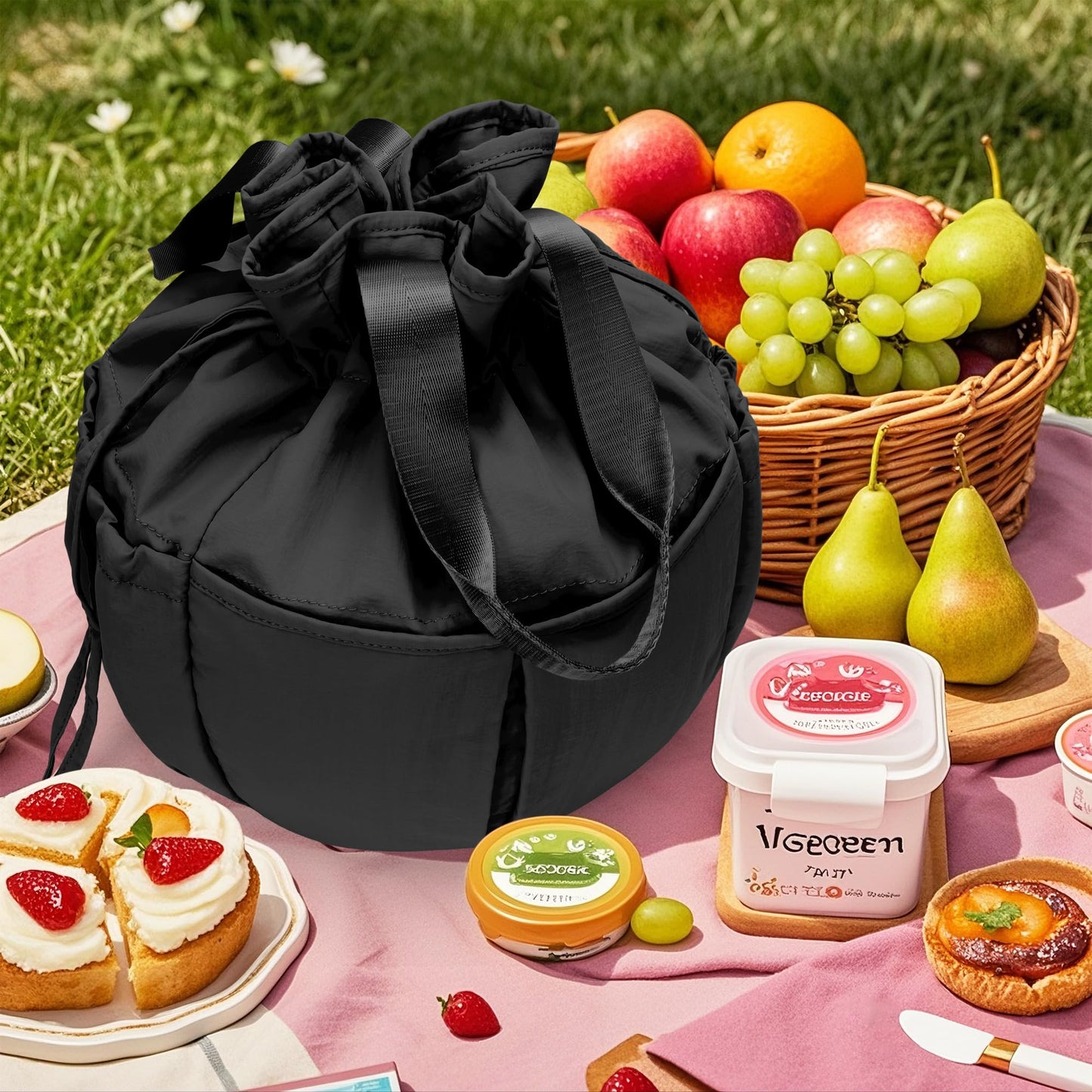 Hafmall Large Drawstring Lunch bag Women, Cute Lunch Box Leak-Resistant Lunch Tote for Picnic Work Office, Black