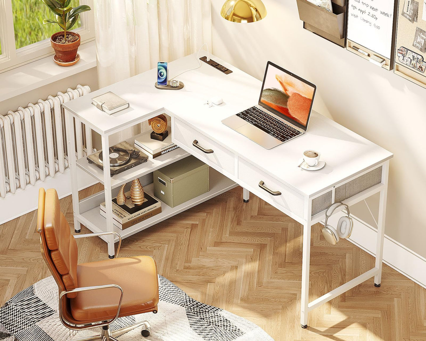 Coleshome 40 Inch L Shaped Computer Desk with 2 Drawers, Small Desk for Small Space, Home Office Table for Laptop Users, White