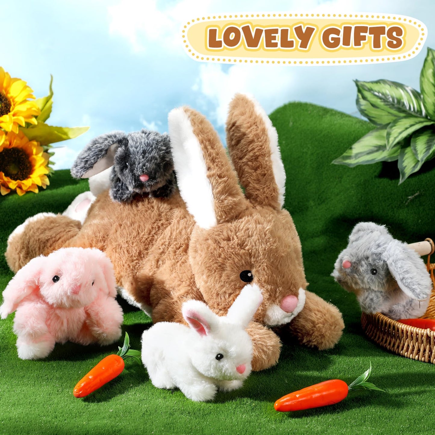 Syhood 5 Pieces Bunny Stuffed Animals Plush Set Easter Gifts Mommy Bunny Plush Doll with 4 Babies Cute Fluffy Rabbits in Mommy Stuffed Rabbit for Huggable Sleeping Holiday Birthday