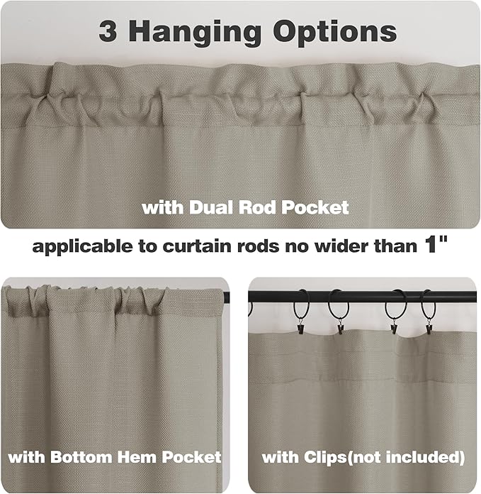 Chyhomenyc 2 Panels Stone Beige Kitchen Curtains 24 Inch Length Tier Curtains, Faux Linen Textured Small Cafe Curtains, Light Filtering Short Window Curtains for Bathroom Basement, Each 30x24 Inch