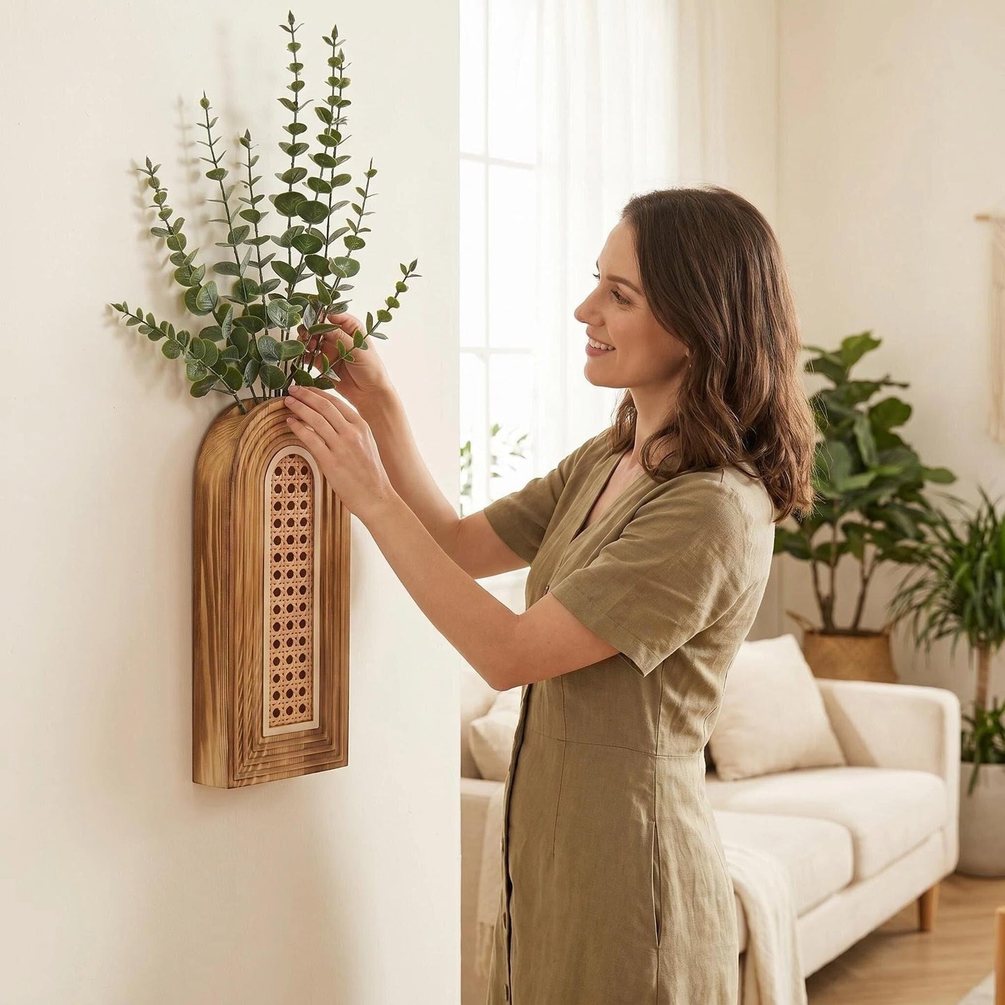 Dnnnii 2 Pack Wooden Wall Vase Set - Brown Finish Hollow Rattan Modern Farmhouse & Boho Wall Decor for Entryway, Hallway, Bathroom, Living Room, Dining Room, Narrow Spaces