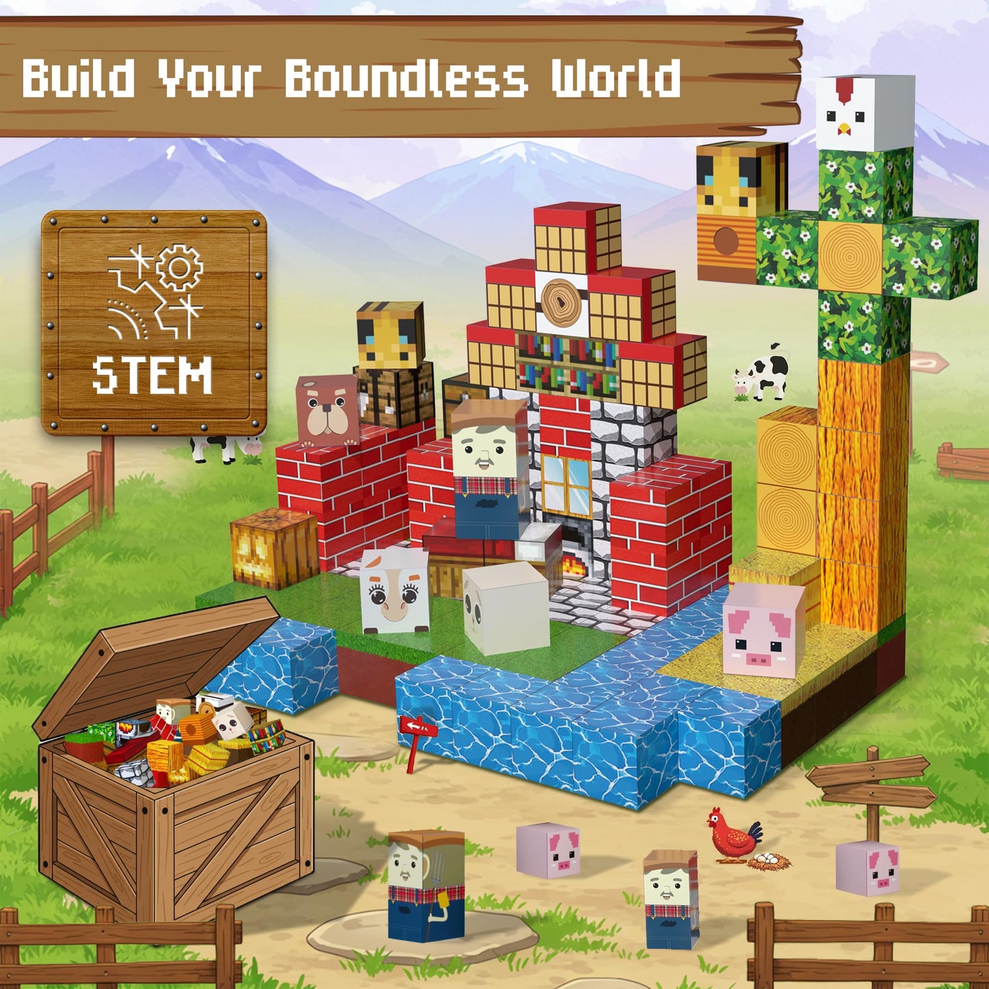 ClickCubz Farm-Themed Magnetic Blocks – 150PCS STEM Toy Gift for Kids Age 3+ w/Storage Box, BPA-Free, Stackable Strong Magnets