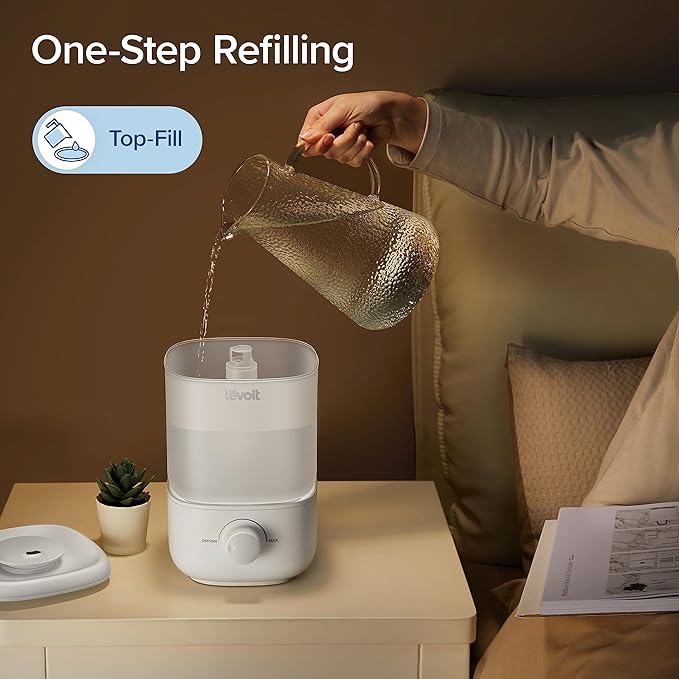 LEVOIT Top Fill Humidifiers for Bedroom, 2.5L Tank for Large Room, Easy to Fill & Clean, 28dB Quiet Cool Mist Air Humidifier for Home Baby Nursery & Plants, Auto Shut-off and BPA-Free for Safety, 25H