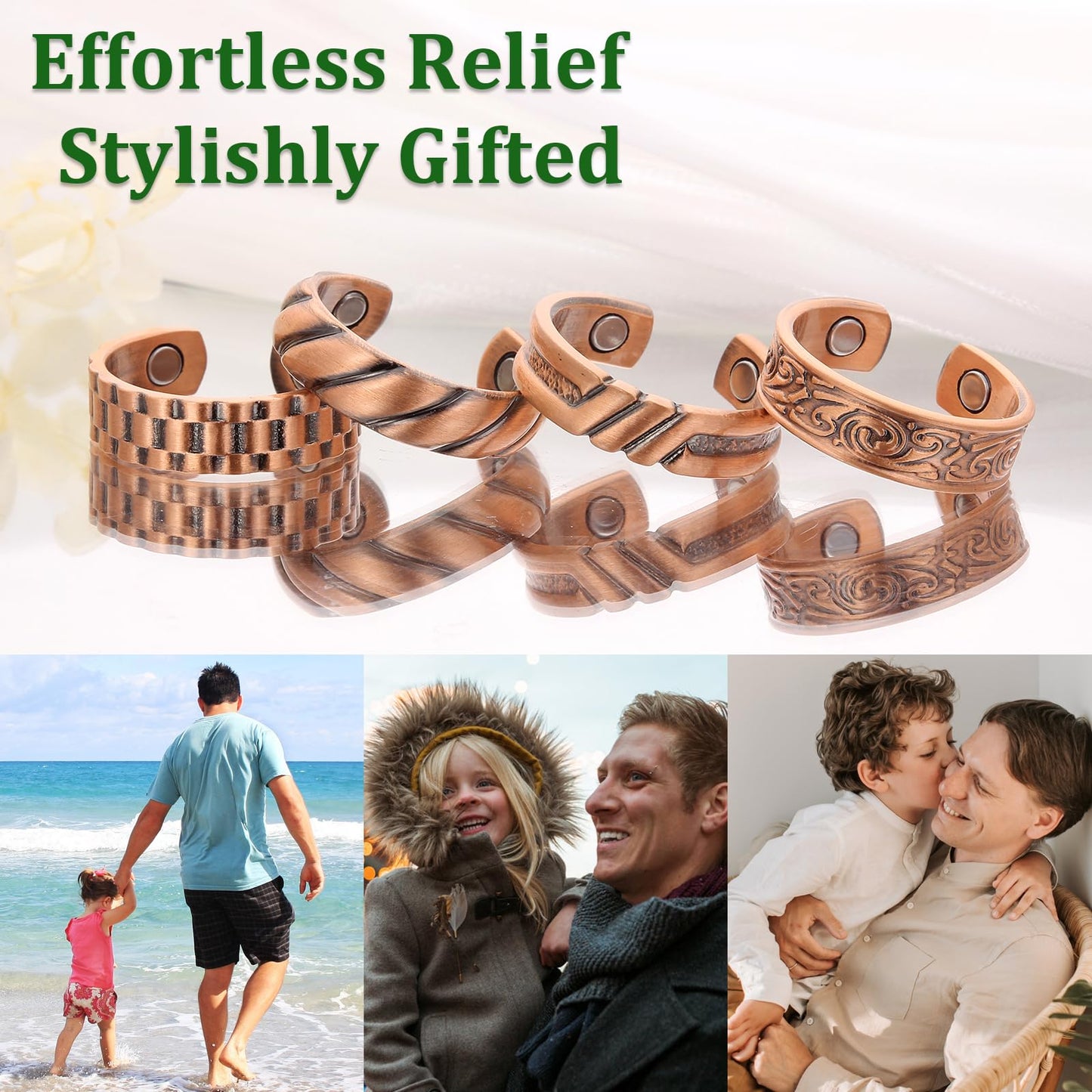Fashtour 4 Copper Rings for Men, 99.9% Pure Copper Magnetic Rings, Vintage Pattern Adjustable Cuff Ring