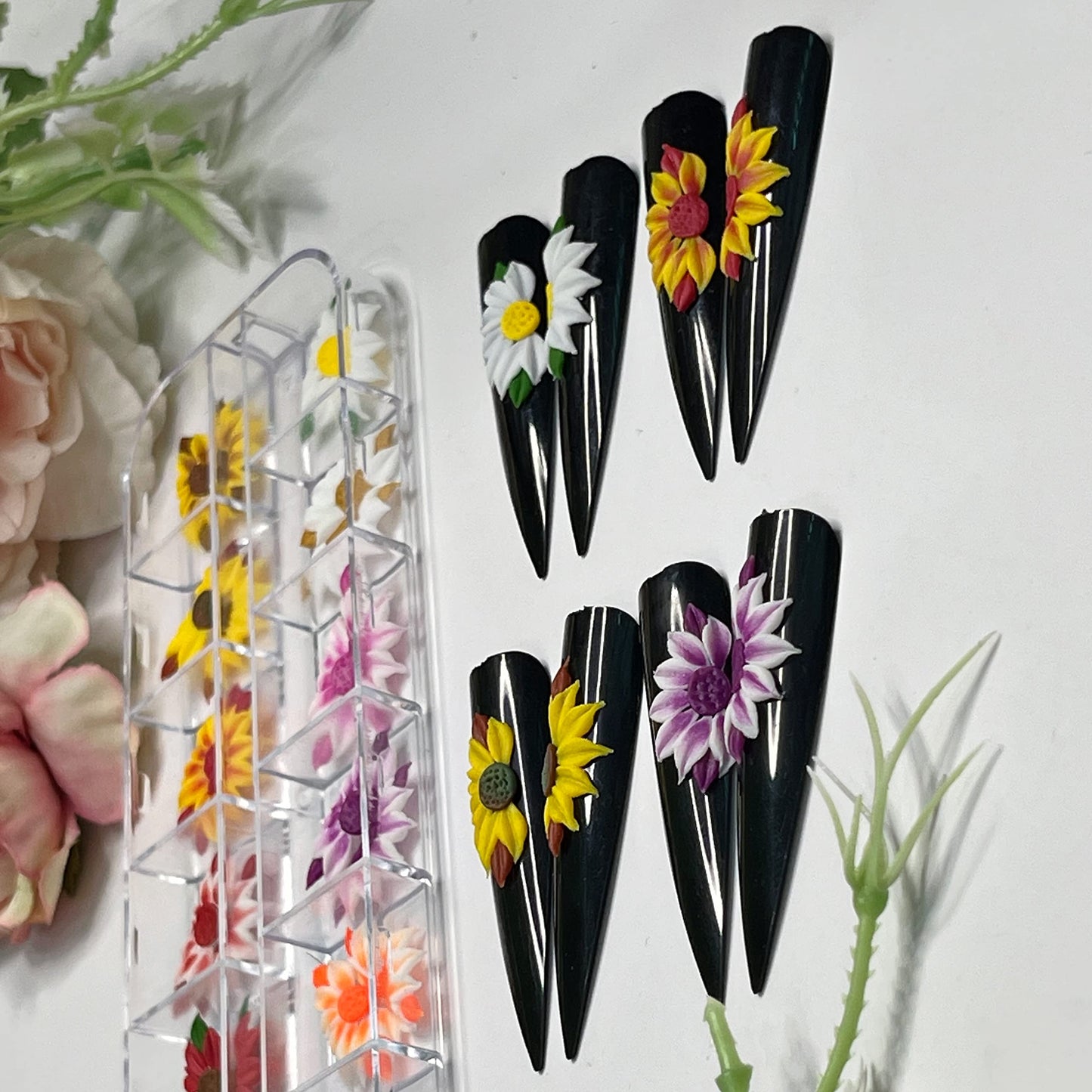 HaFLoNa- Set 24Pcs 3D Half Sunflower Flower Nails Cjharms, 3D Acrylic Flowers Handmade For Nail - Short & Medium Size | Exquisite Floral Accents for Crafts and Designs (Half sunflower)