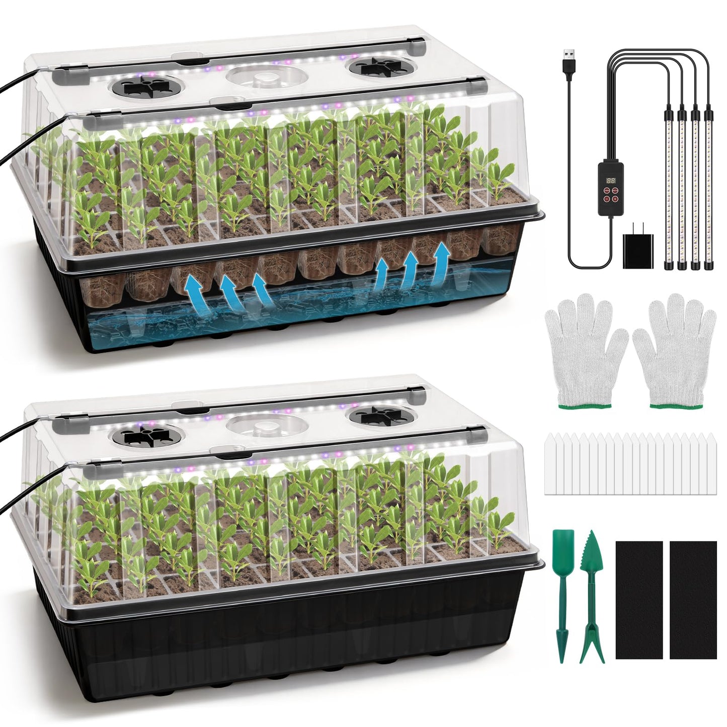 BlumWay 120-Cell Self-Watering Seed Starter Tray with Grow Light, 1-24H Timer, Seed Starter Kit with 4.02" Humidity Dome, Seedling Tray for Indoor Plant Starter, Plant Germination Trays-Black