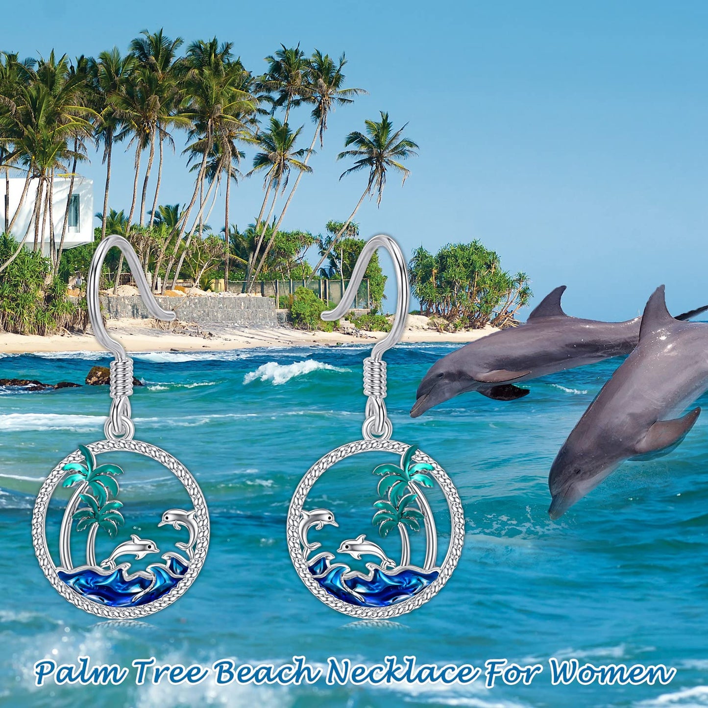 PROESS Dolphin Earrings Sterling Silver Palm Tree Earrings Ocean Wave Jewelry Gift For Women