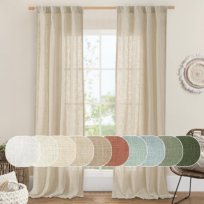 LAMIT Linen Curtains 84 inch Length for Living Room, Light Filtering Semi Sheer Panels Back Tab and Rod Pocket Neutral Drapes for Bedroom, Linen, 2 Panels, 34 x 84 Inch