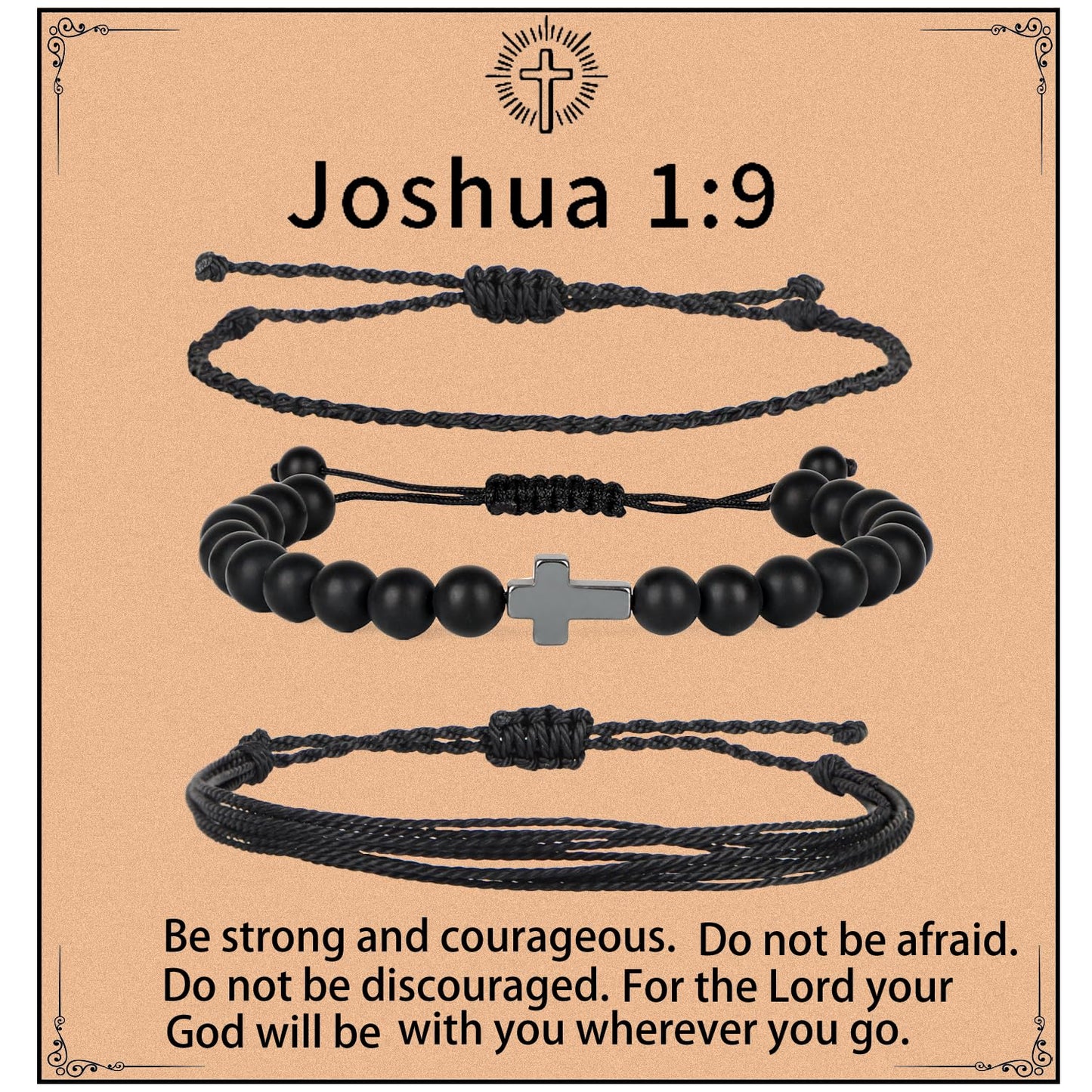 QOGIR Handmade Healing Bracelets,8mm Natural Matte Black Onyx Cross Beaded Bracelet for Men Women Gifts with 2PCS Size Adjustable Rope Bracelets