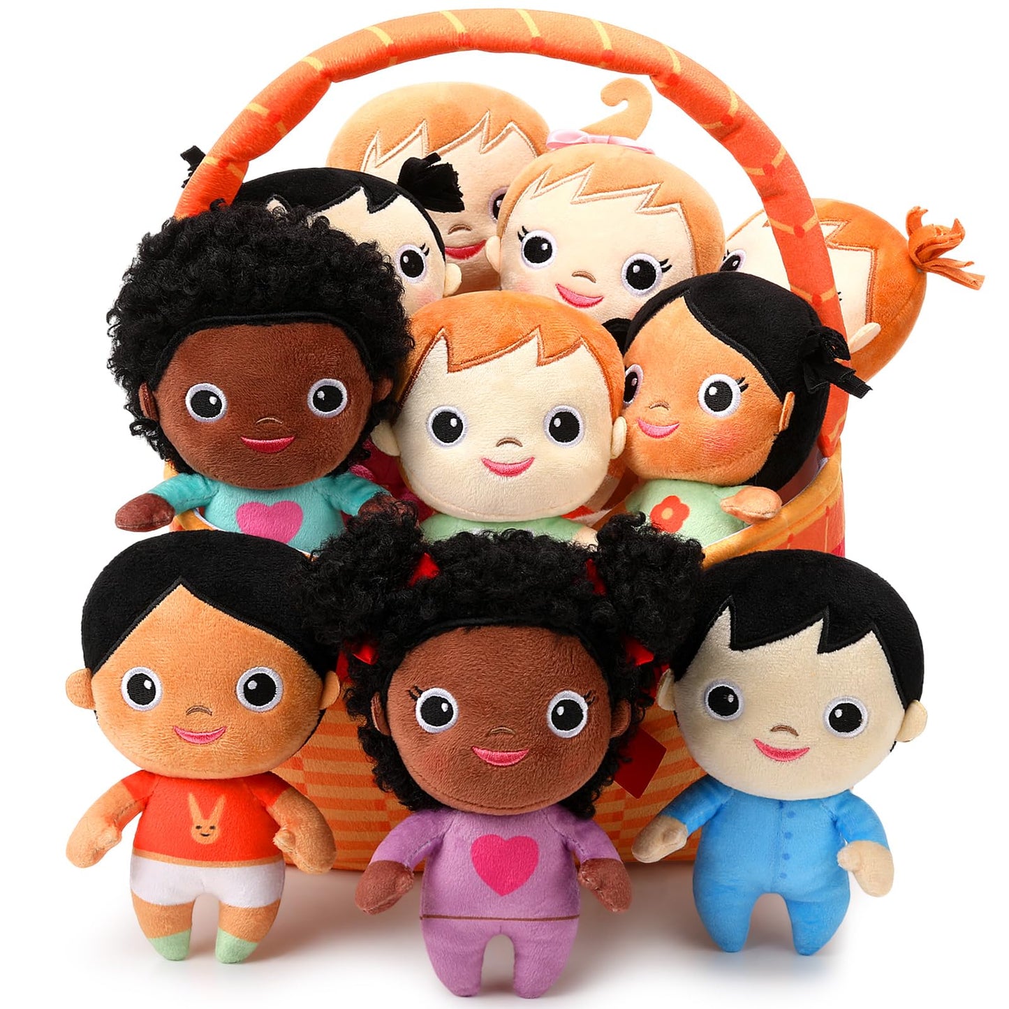 HyDren 10 Pcs Multicultural Plush Dolls with Basket, Diverse Soft Stuffed Dolls for Kids, Inclusive Toys for Preschool Classroom Daycare, Cultural Awareness Gift Set for Boys Girls