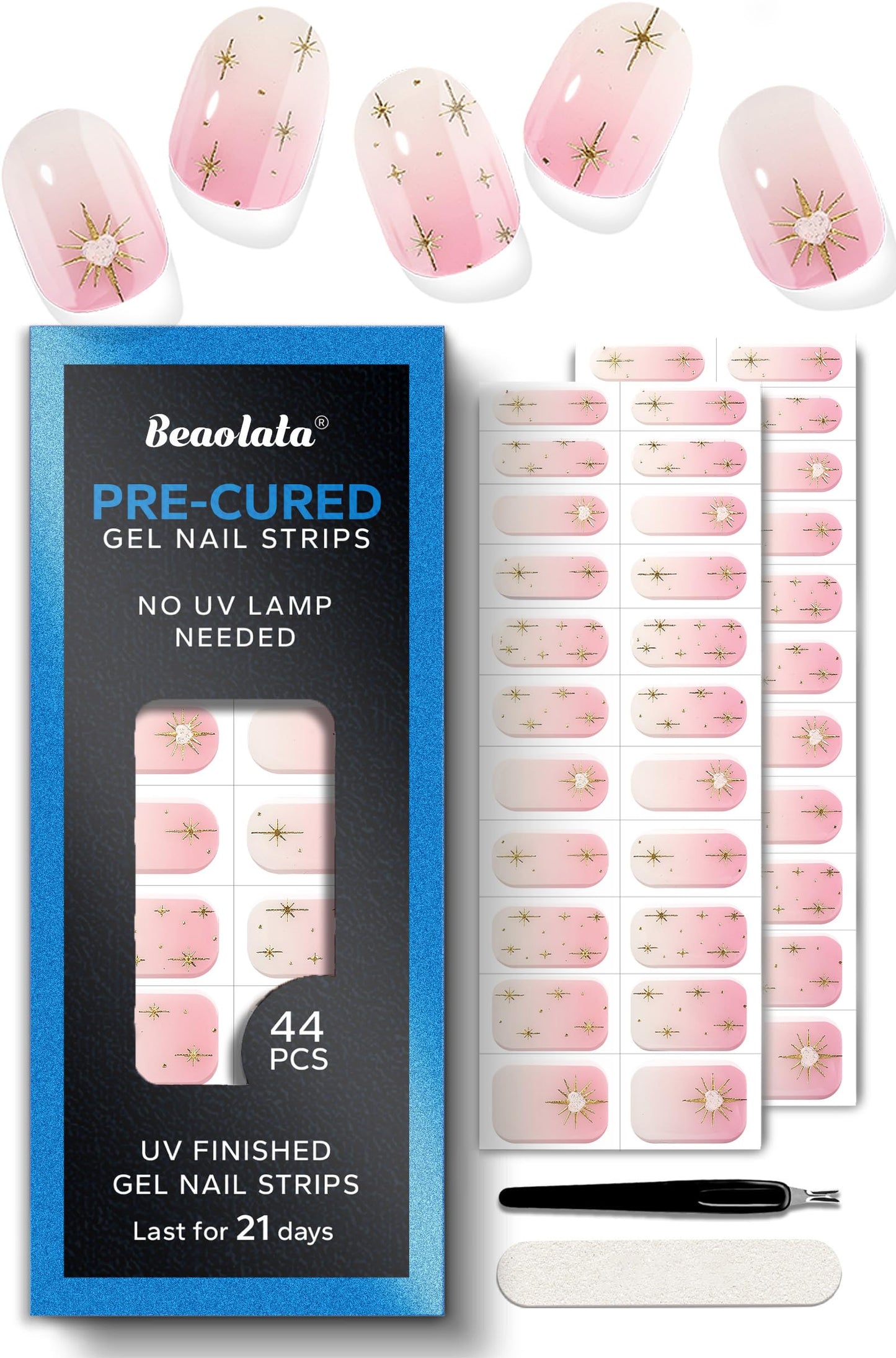 Beaolata Real Gel Nail Strips (No UV Light Needed) - 44Pcs Salon Quality Nail Stickers - Long Lasting Polish Wraps for Women, Easy Apply & Remove (Satin Line Pink)