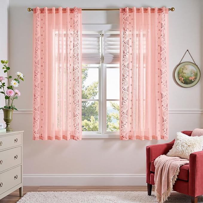 jinchan Winslow Sheer Curtains 63 Inch Length for Dorm Bedroom Bordered Floral Pattern Decorations Short Curtains Light Filtering Window Treatments, 50W x 63L, 2 Panels
