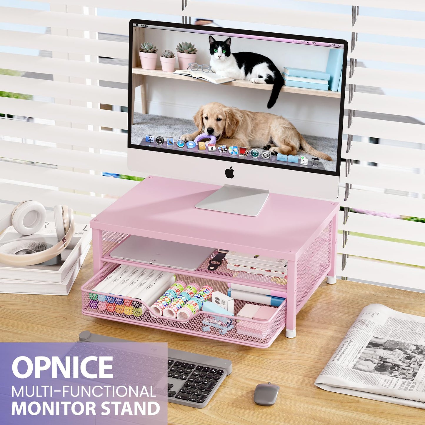 OPNICE Computer Monitor Stand Riser, Desk Organizer with Drawer, Printer & Laptop Stand, Office Desk Accessories & Workspace Desktop Organizers Storage for Office Supplies(Pink)