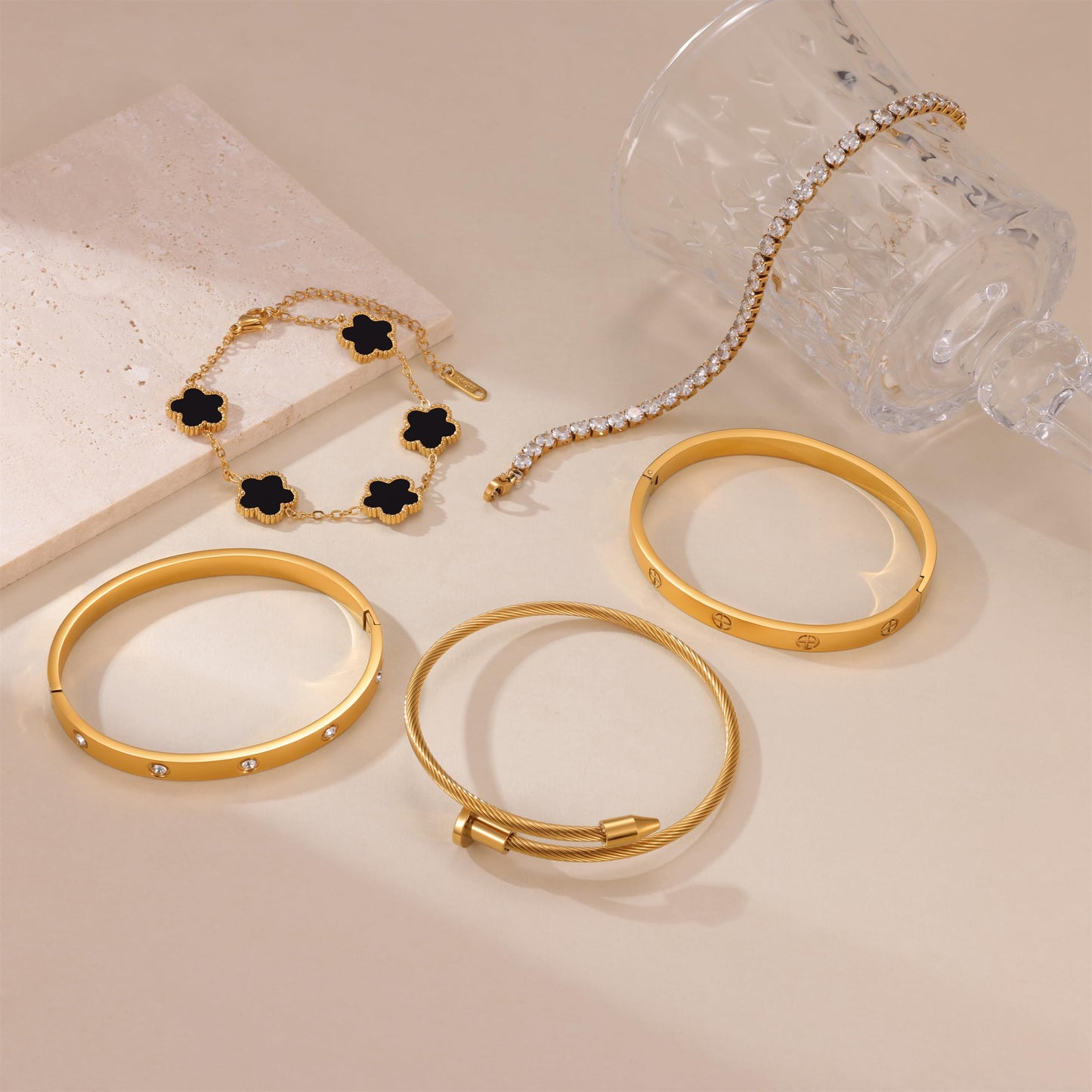RIVOWMKI 18K Gold Plated Bracelet Set for Women, Sparkling CZ Bangle Adjustable Tennis Bracelet, Stackable Clover Jewelry, Non Tarnish Non Fade Long Lasting Shine for Client Meeting Afternoon Tea