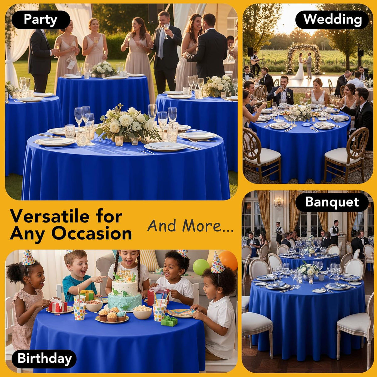 6-Pack Royal Blue Round Tablecloths, 132 Inches, Stain-Resistant Polyester for 6-8 Ft Round Tables - Washable Table Covers for Weddings, Banquets, Birthday Parties, Events