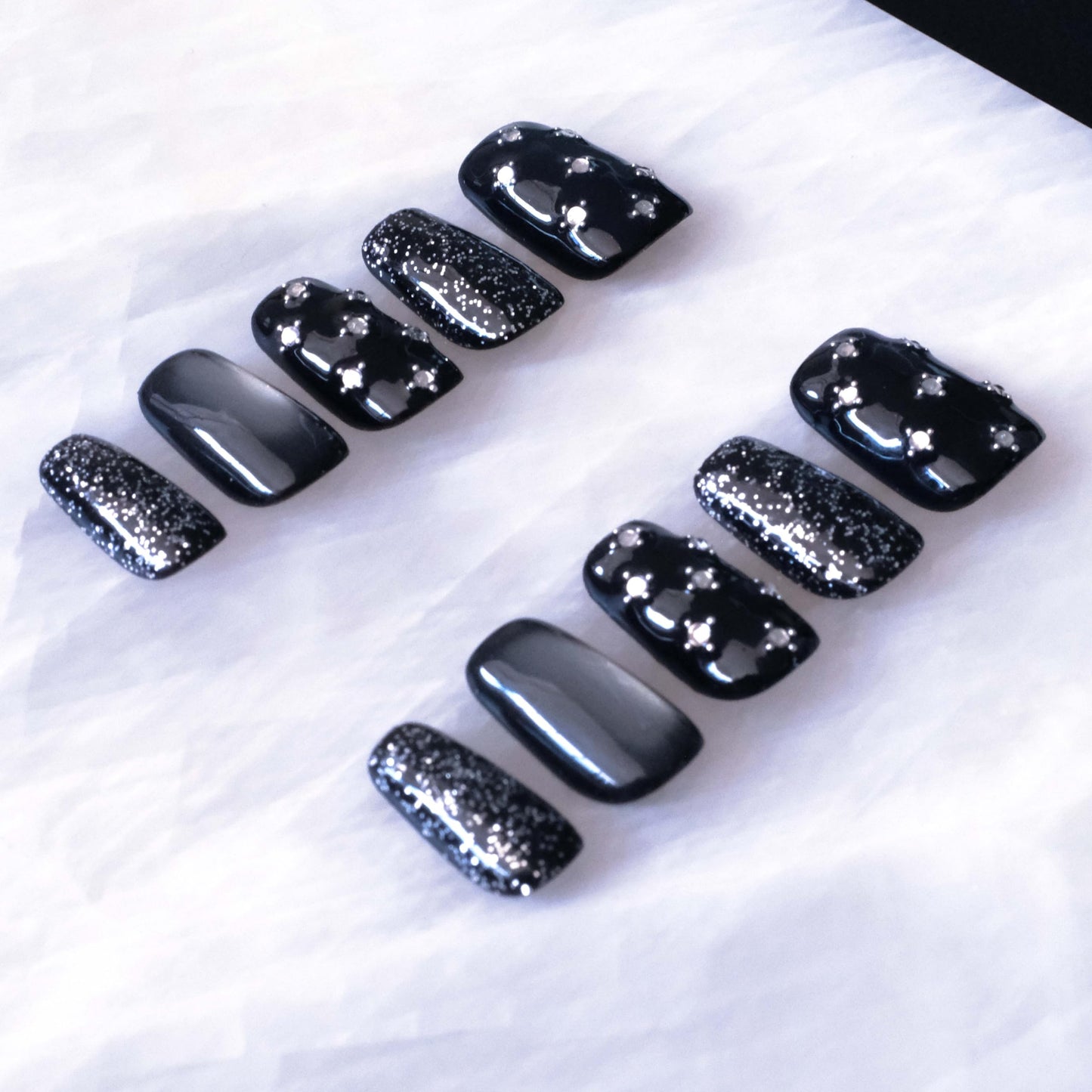 BlackStar - Handmade Press on Nails, Black Starry Sky with Cat Eye, Rhinestone Bling, Medium Ballerina Shape, 10 Pieces (Medium Size, MB)
