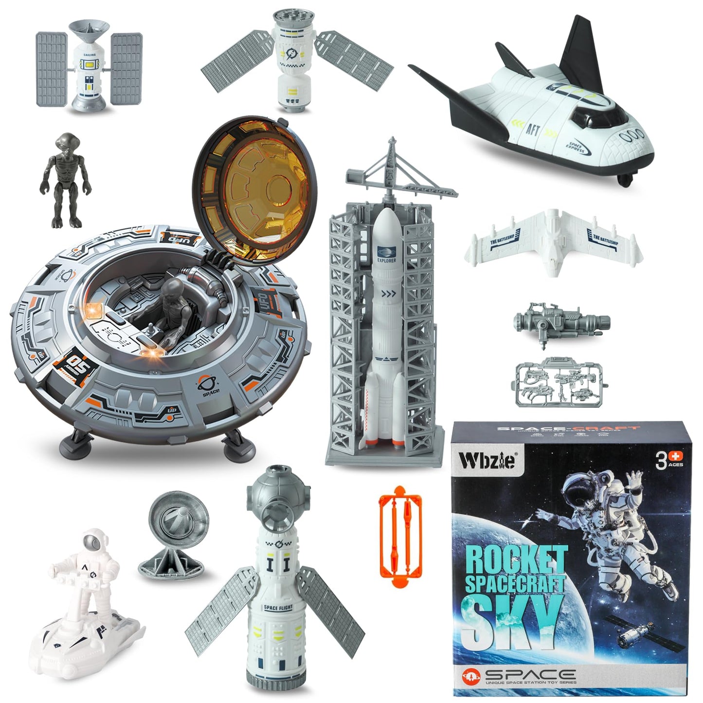 Wbzle Rocket Ship Toy, Space Toys Playset with UFO, Plane, Rocket Launcher, Satellites, Astronaut Toy Set with Light and Sound, Exploration Toys for Boys 3-5