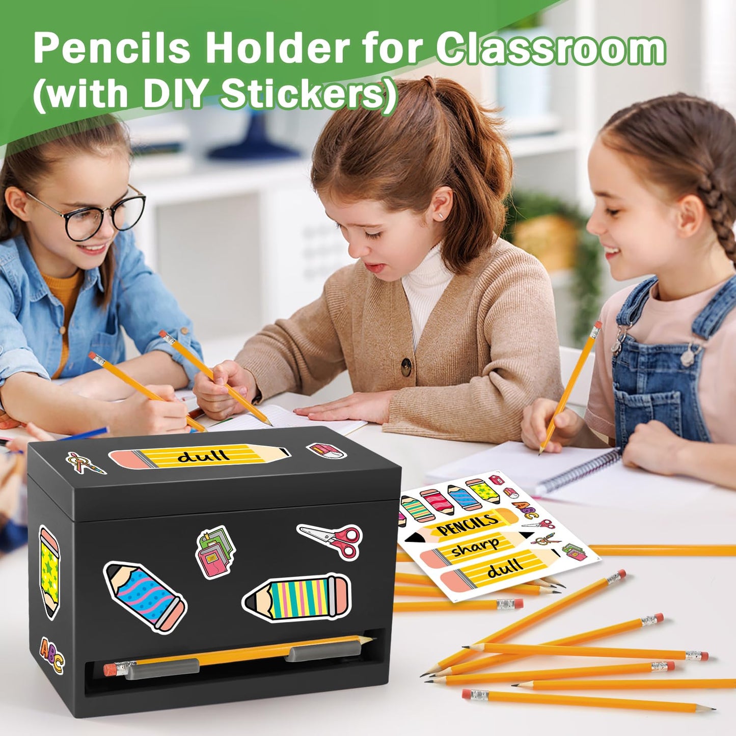 Pencil Dispenser for Classroom, Wooden Pencil Holder, Classroom Teacher Must Have, Pencils Straws Organization & Storage for Classroom Office Kitchen Restaurant (black)