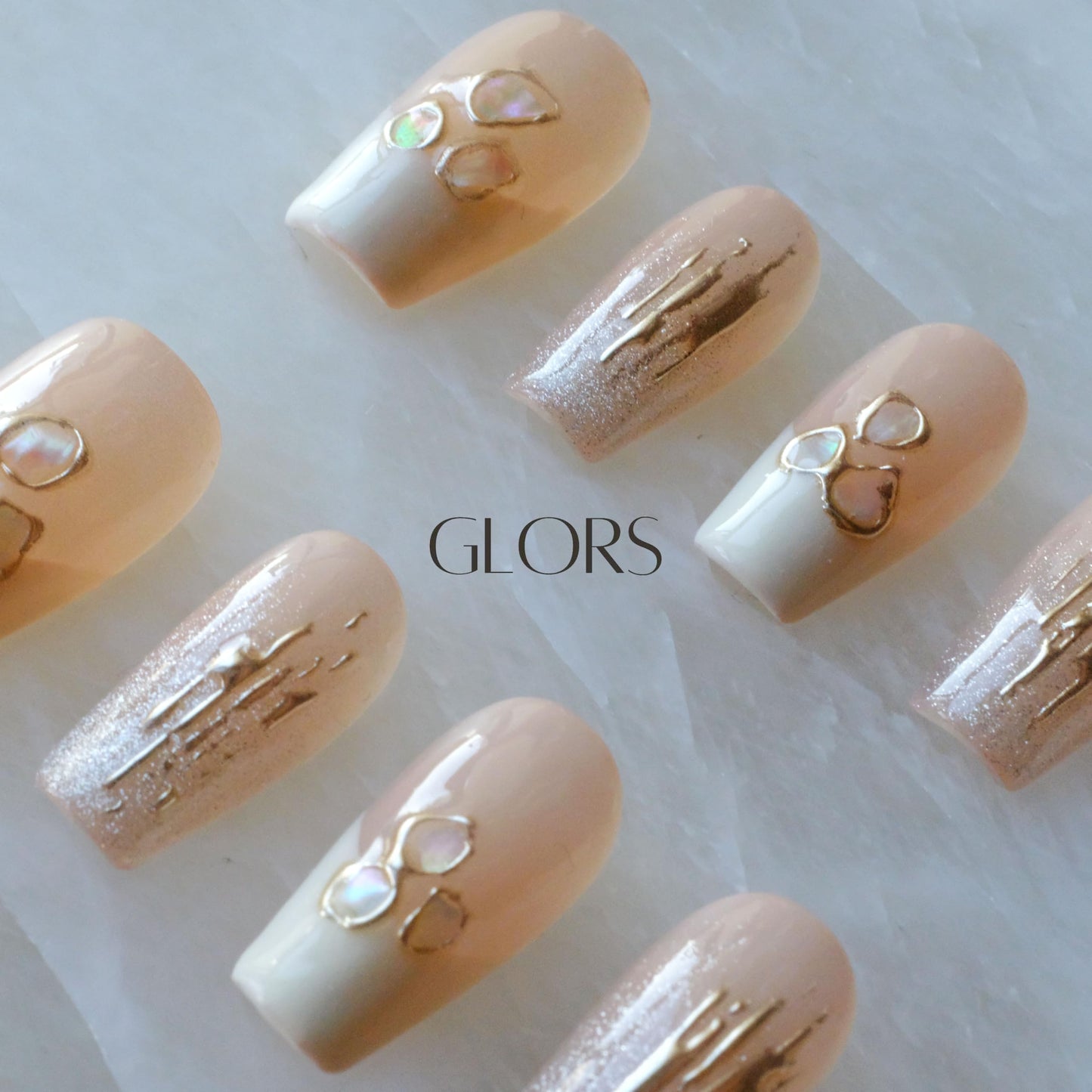 [GLORS] Purly Handmade Medium Ballerina Press on Nails | Mica Love - Shell Piece Pure and Seductive Fake False Nail Art, 10 Pieces (Small, MB)