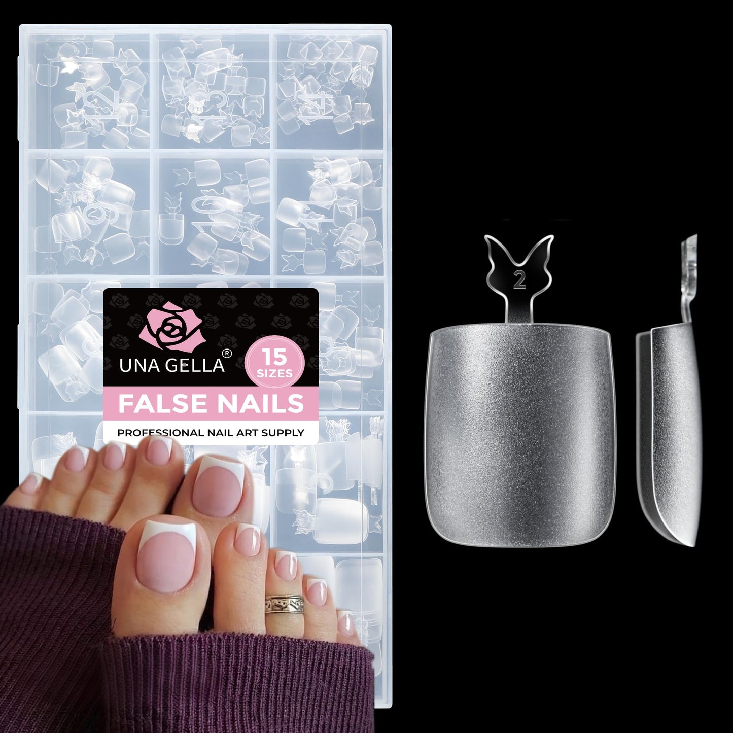 UNA GELLA Square Toe Nail Tips 216Pcs 15Sizes Full Cover Long Wider Toe Nail Tips Soft Gel Pre-etched Double Matte Fake Toe Nails Press Ons For Big Toe Nail Extensions Home DIY Nail Salon Soak Off